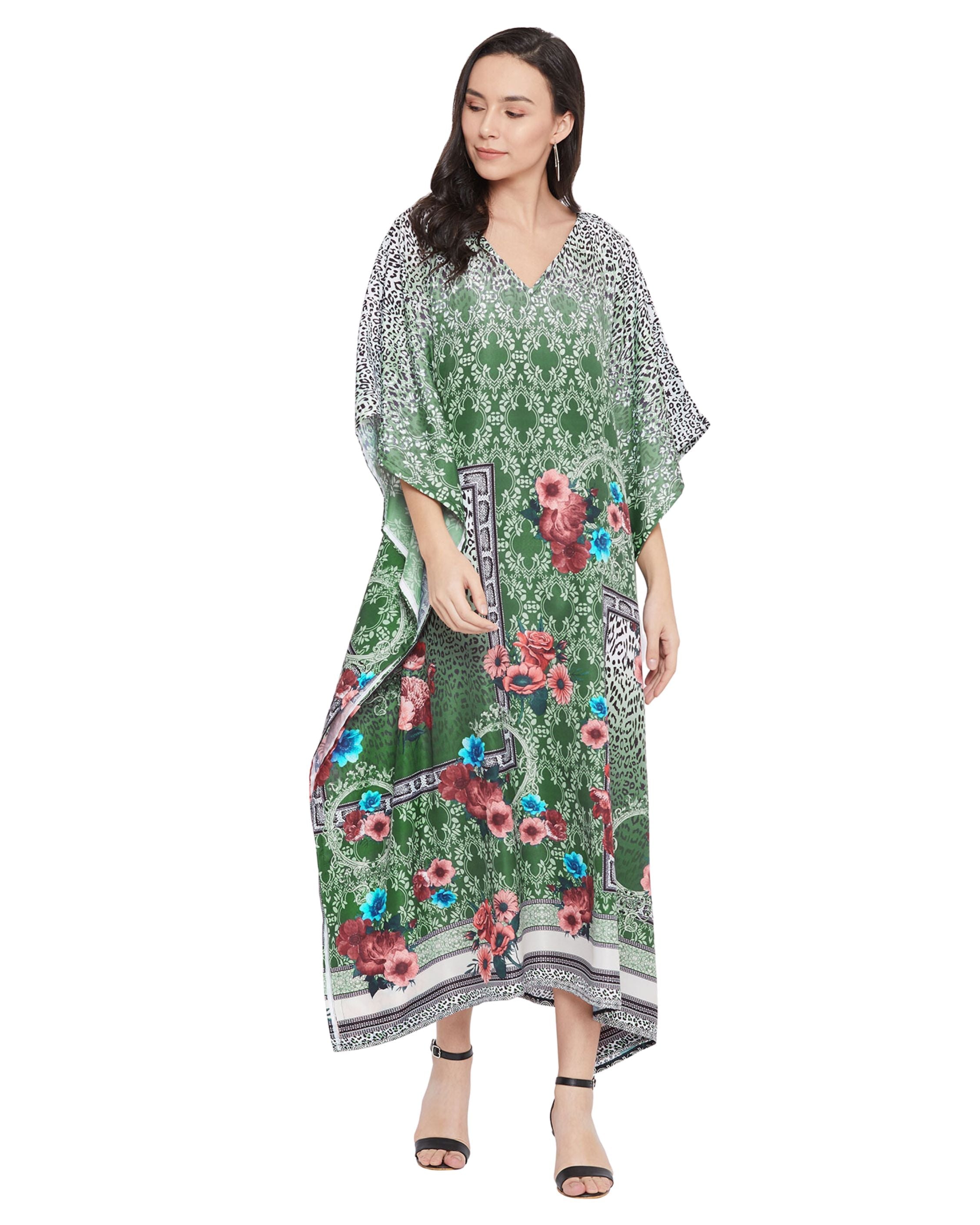 Floral Green Polyester Kaftan Dress For Plus Size Women