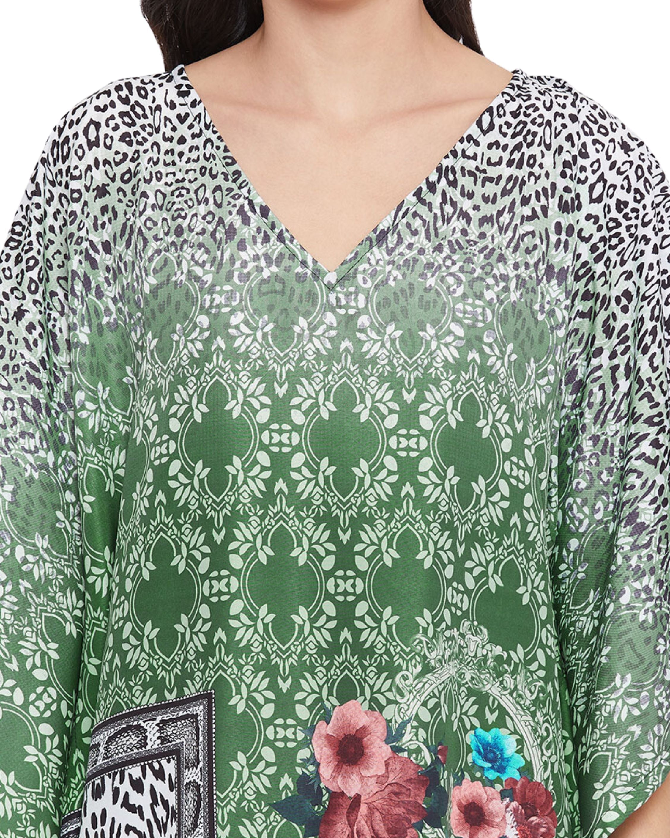 Floral Green Polyester Kaftan Dress For Plus Size Women