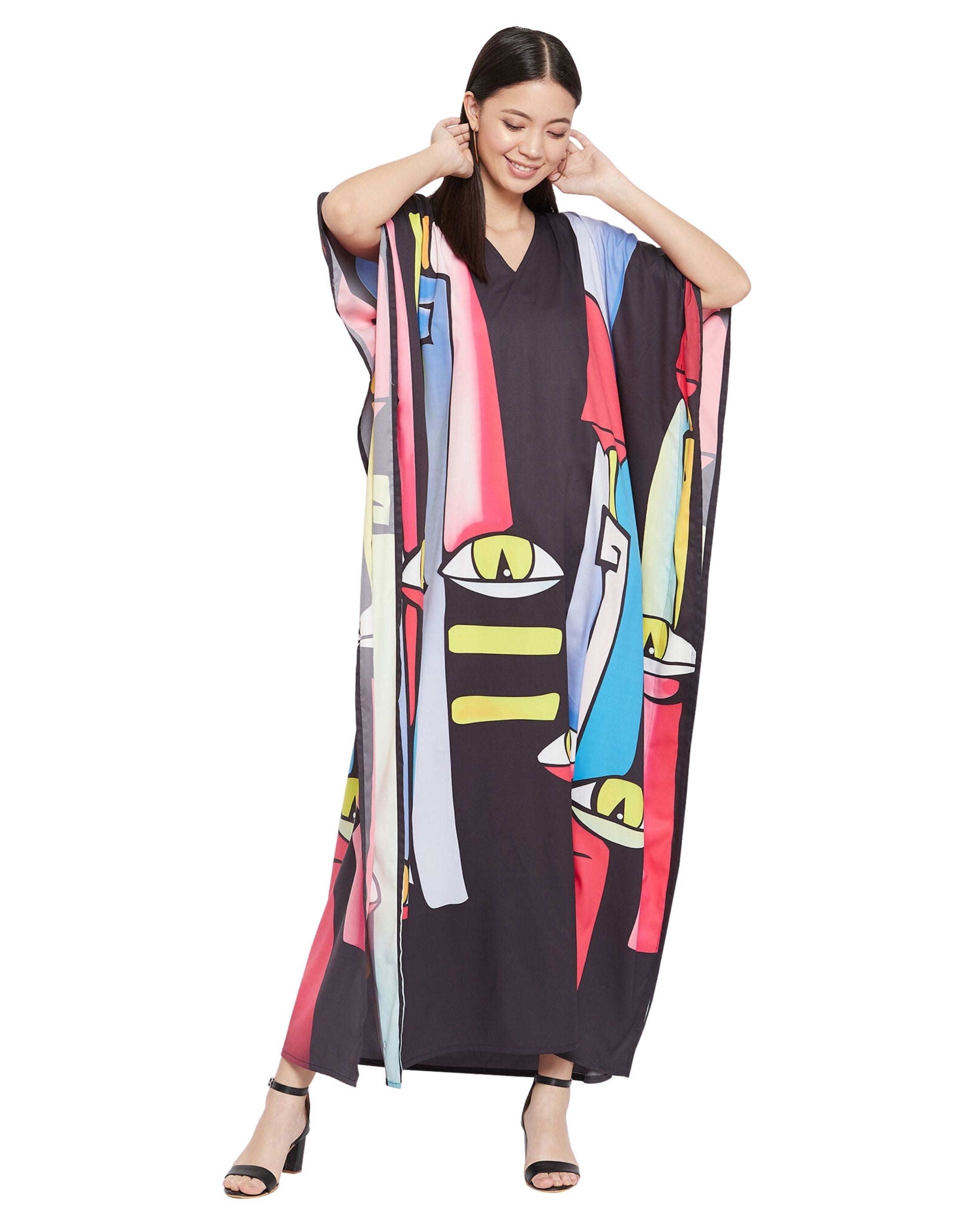 Tribal Multicolor Polyester Women Plus Size Loungewear Kaftan