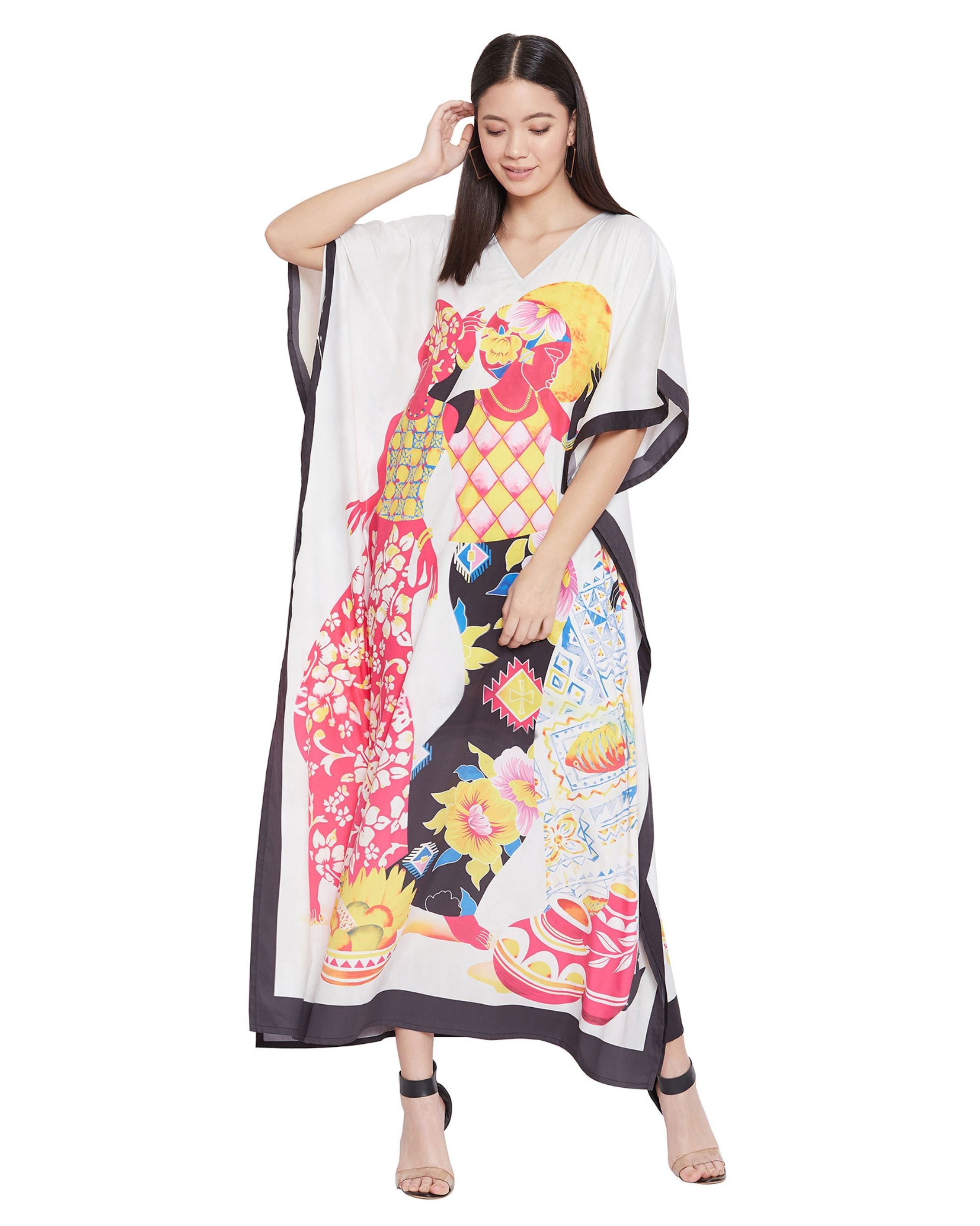 Plus Size Women Tribal Printed Multicolor Polyester Kaftan