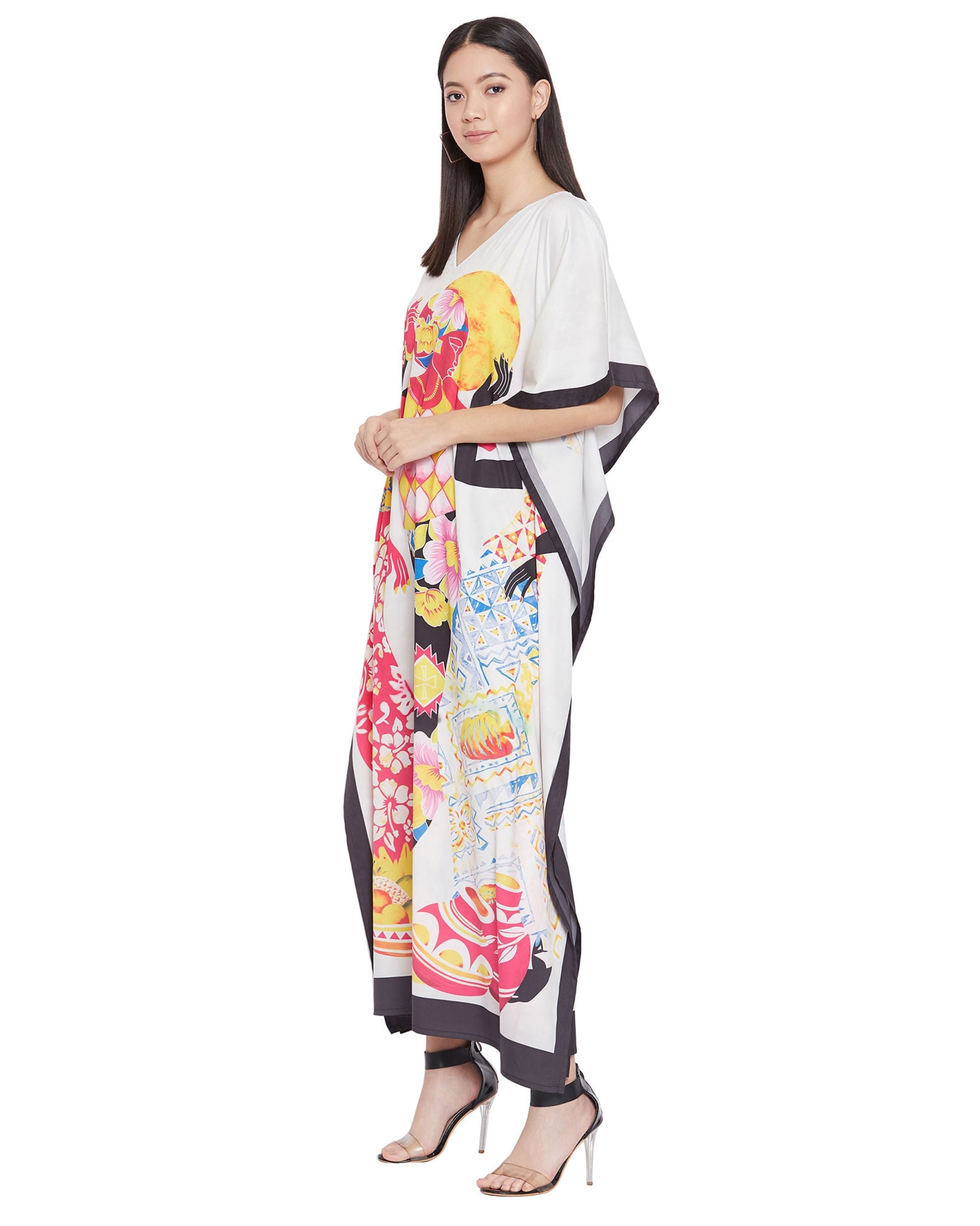 Plus Size Women Tribal Printed Multicolor Polyester Kaftan