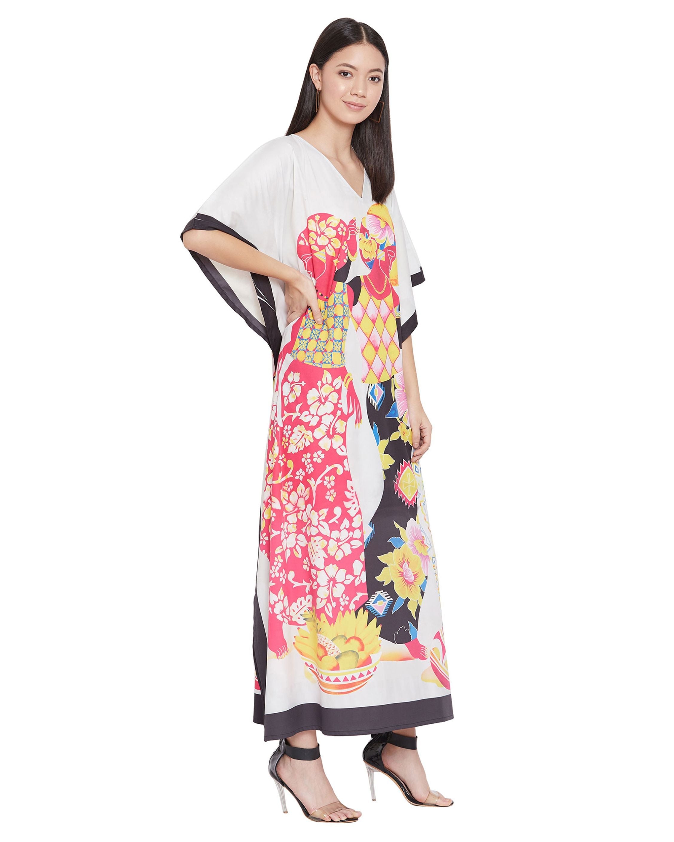 Plus Size Women Tribal Printed Multicolor Polyester Kaftan