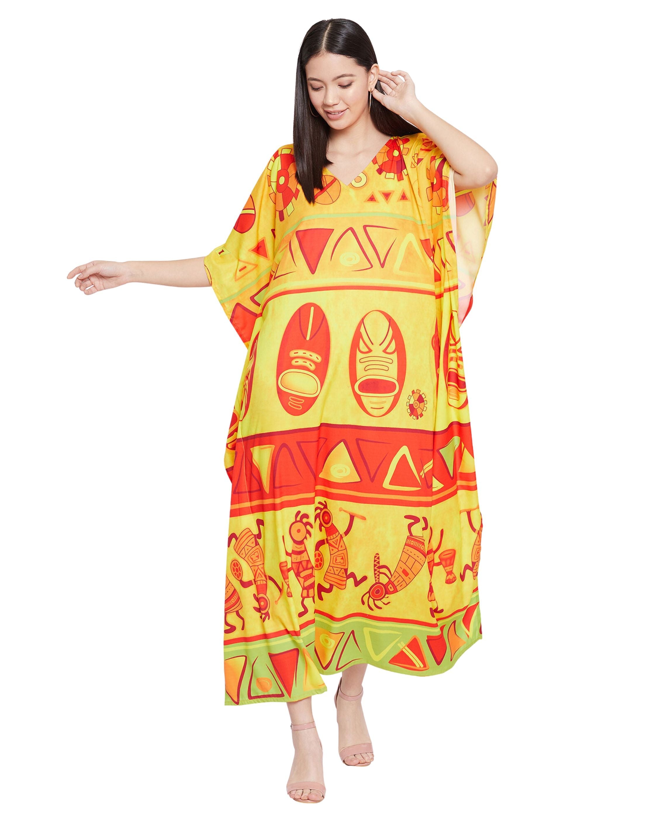 Polyester Kaftan For Plus Size Women Tribal Printed Yellow