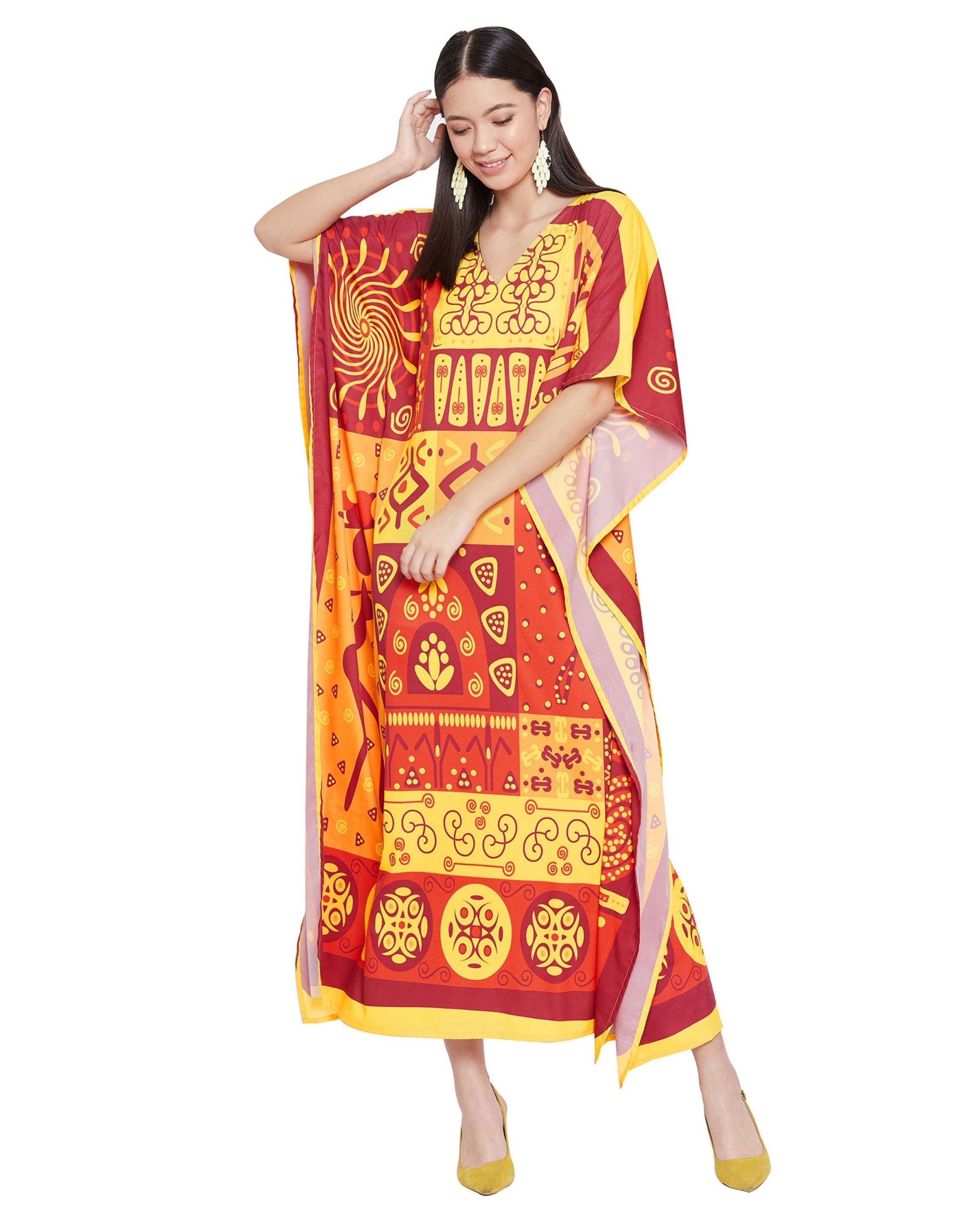 Kaftan For Plus Size Women Tribal Printed Yellow Polyester