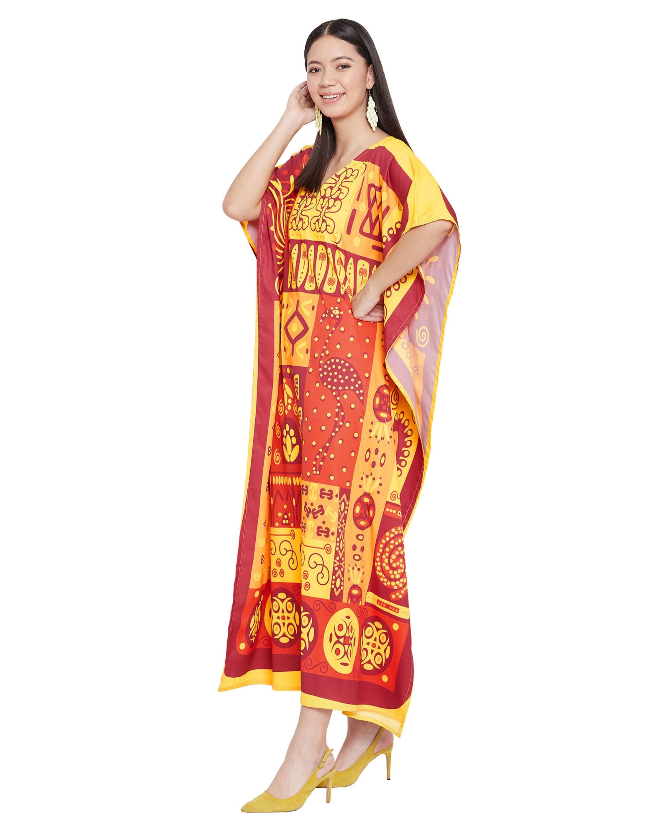 Kaftan For Plus Size Women Tribal Printed Yellow Polyester