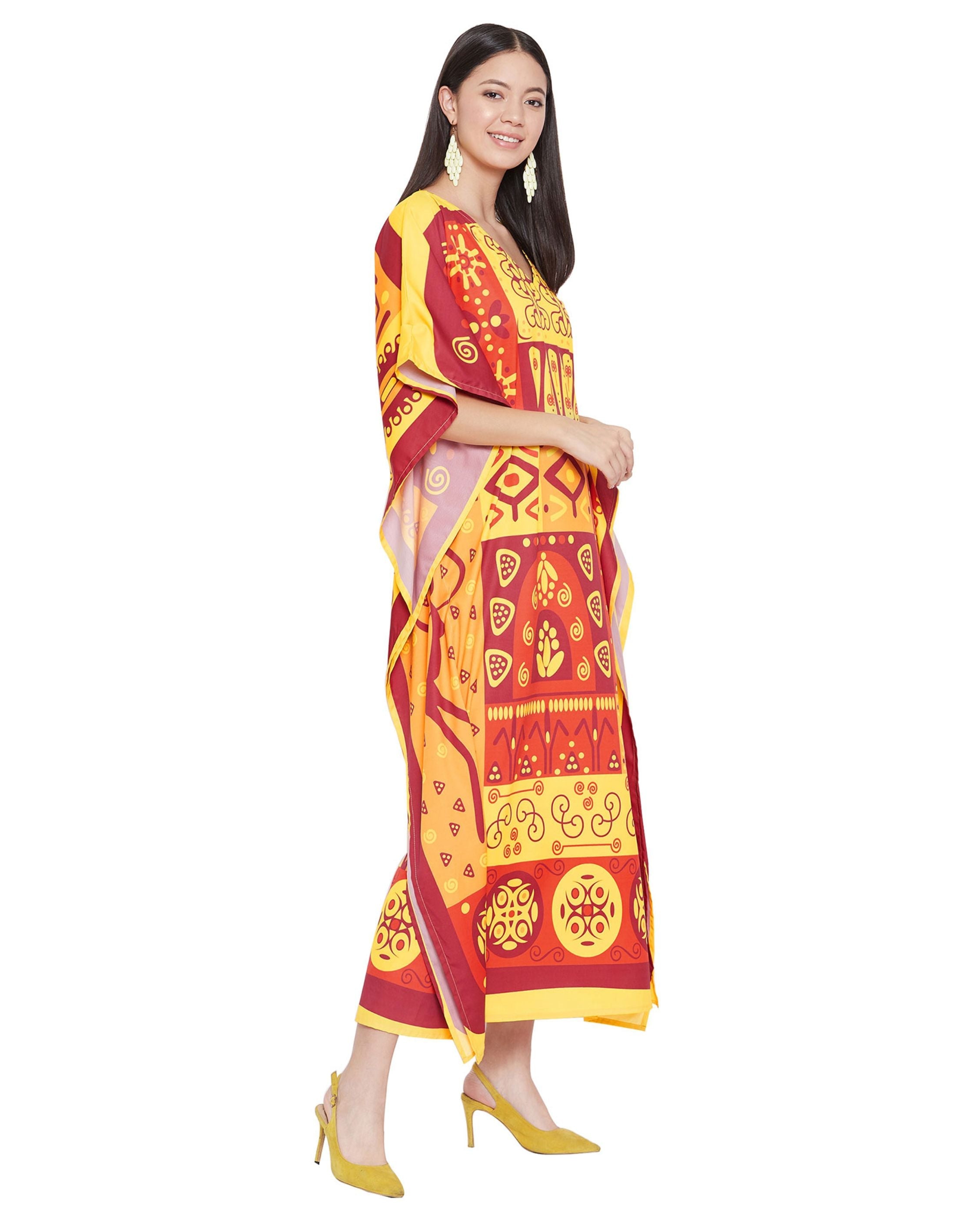 Kaftan For Plus Size Women Tribal Printed Yellow Polyester