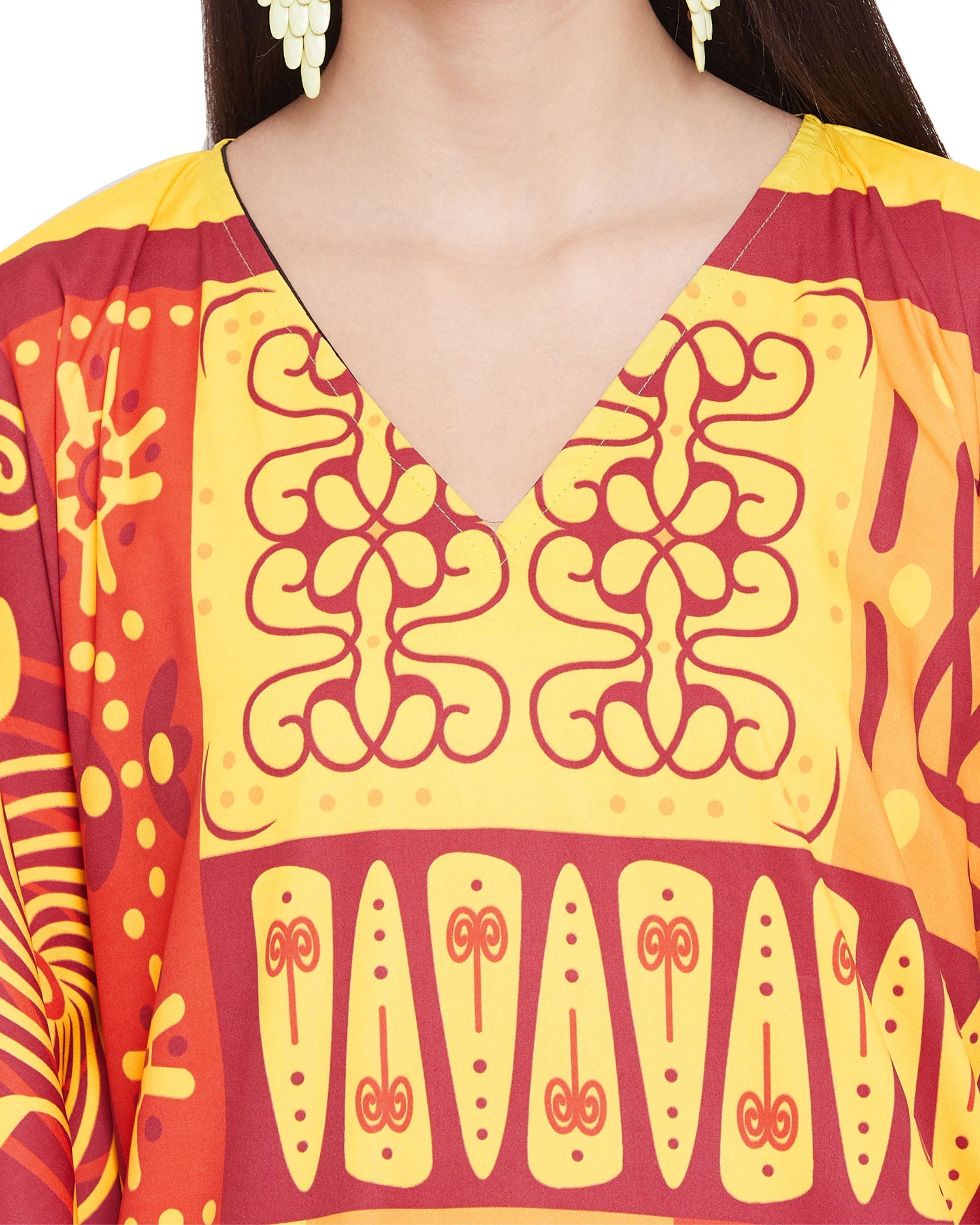 Kaftan For Plus Size Women Tribal Printed Yellow Polyester