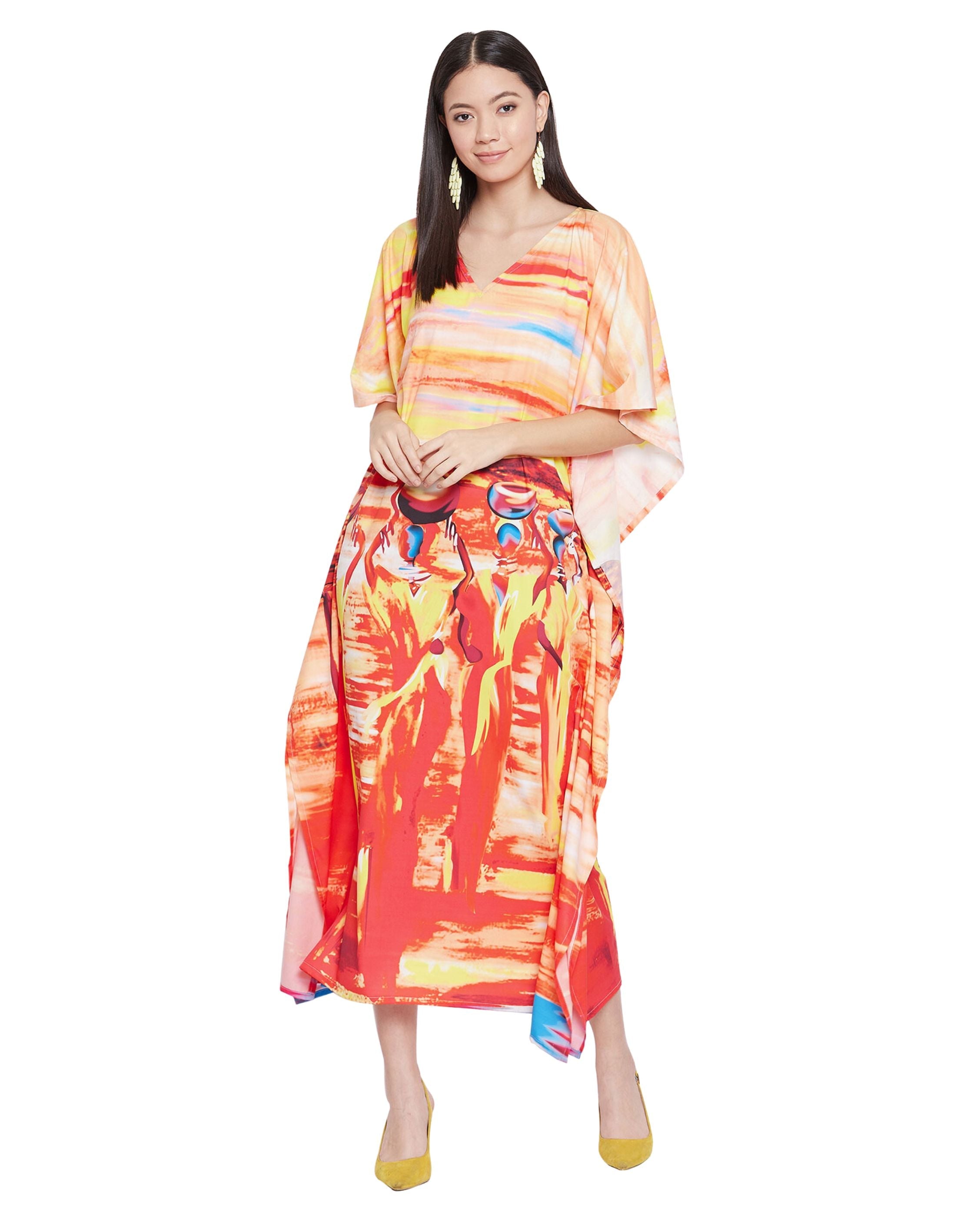 Kaftan Dress For Plus Size Women Tribal Printed Multicolor Polyester