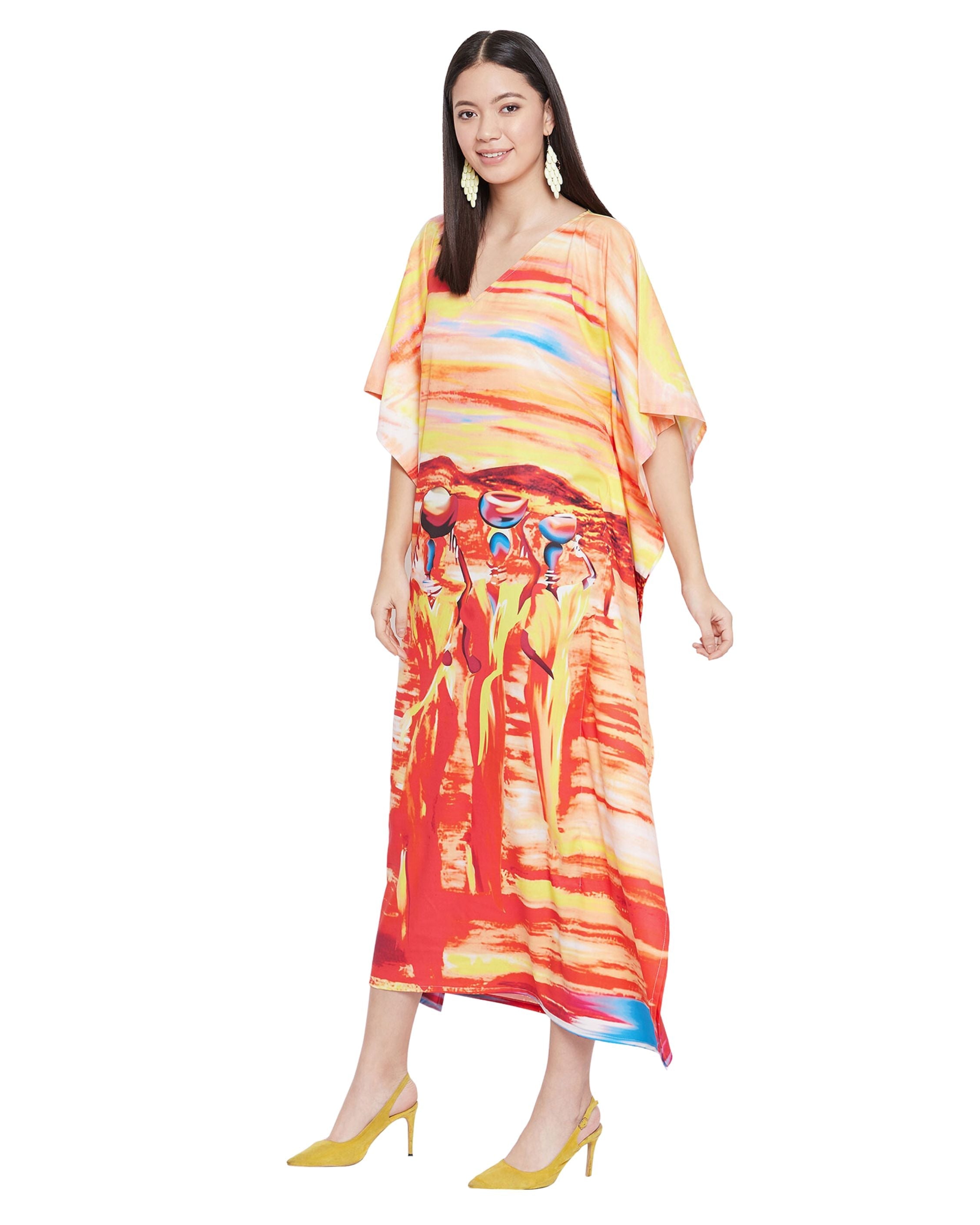 Kaftan Dress For Plus Size Women Tribal Printed Multicolor Polyester