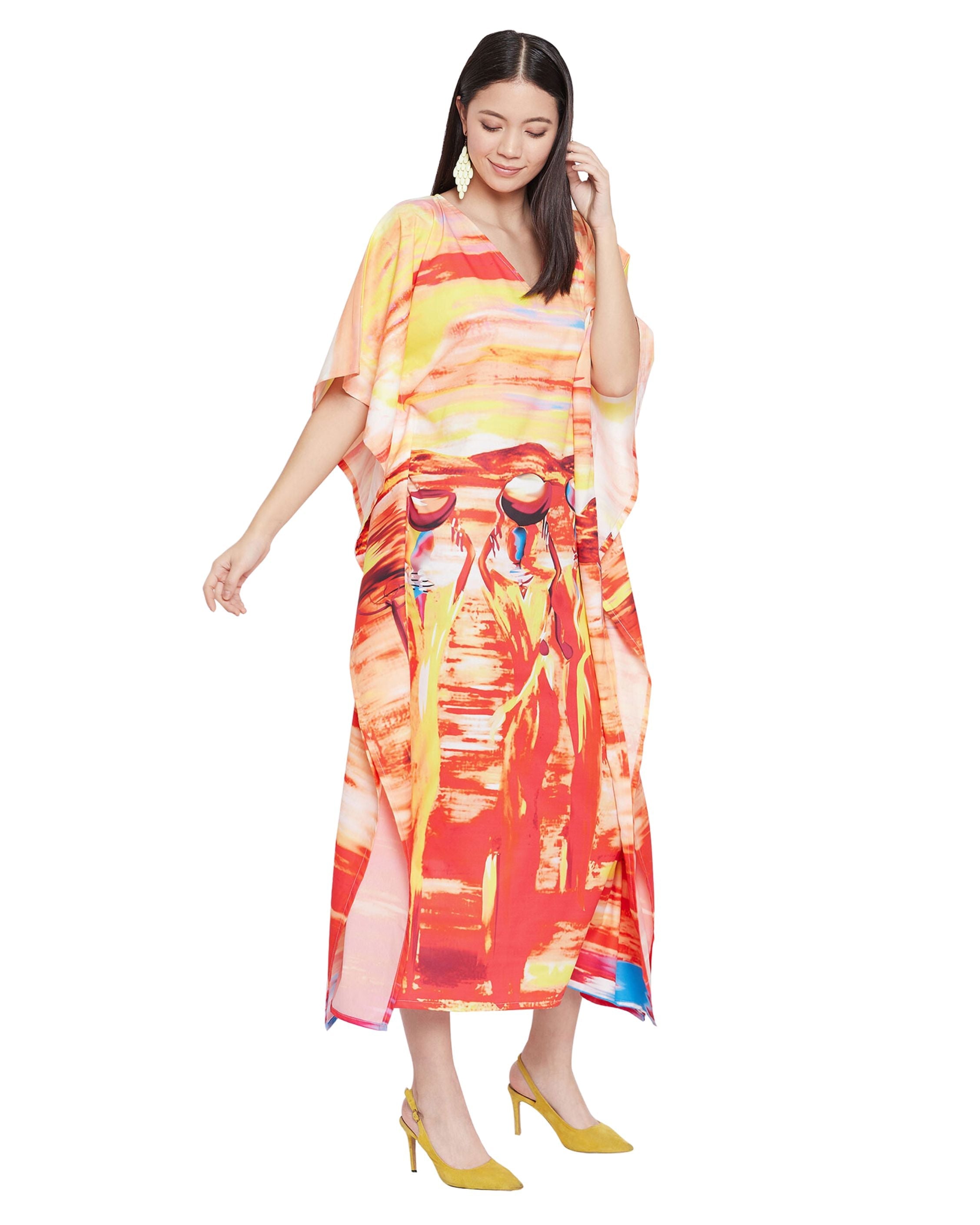 Kaftan Dress For Plus Size Women Tribal Printed Multicolor Polyester