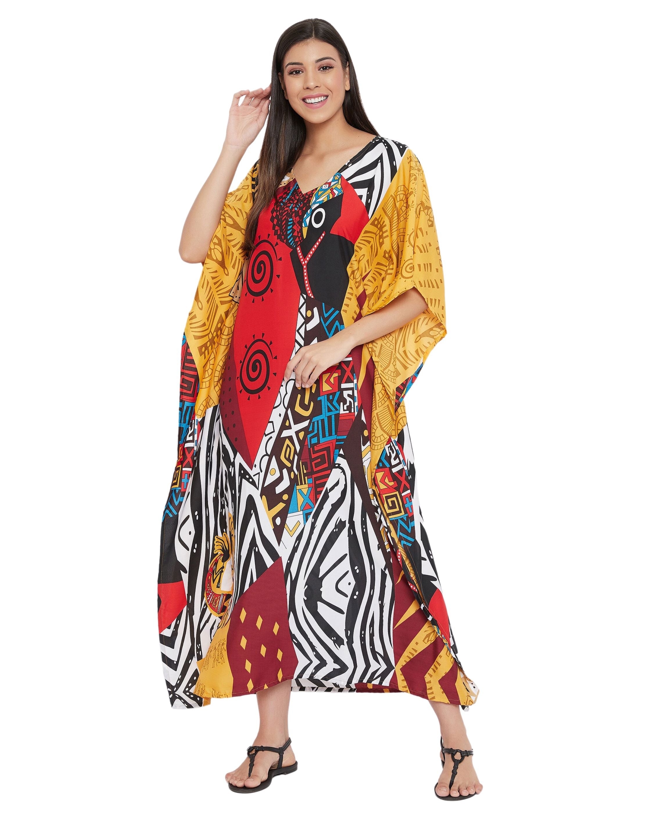 Tribal Printed Multicolor Polyester Kaftan For Plus Size Women