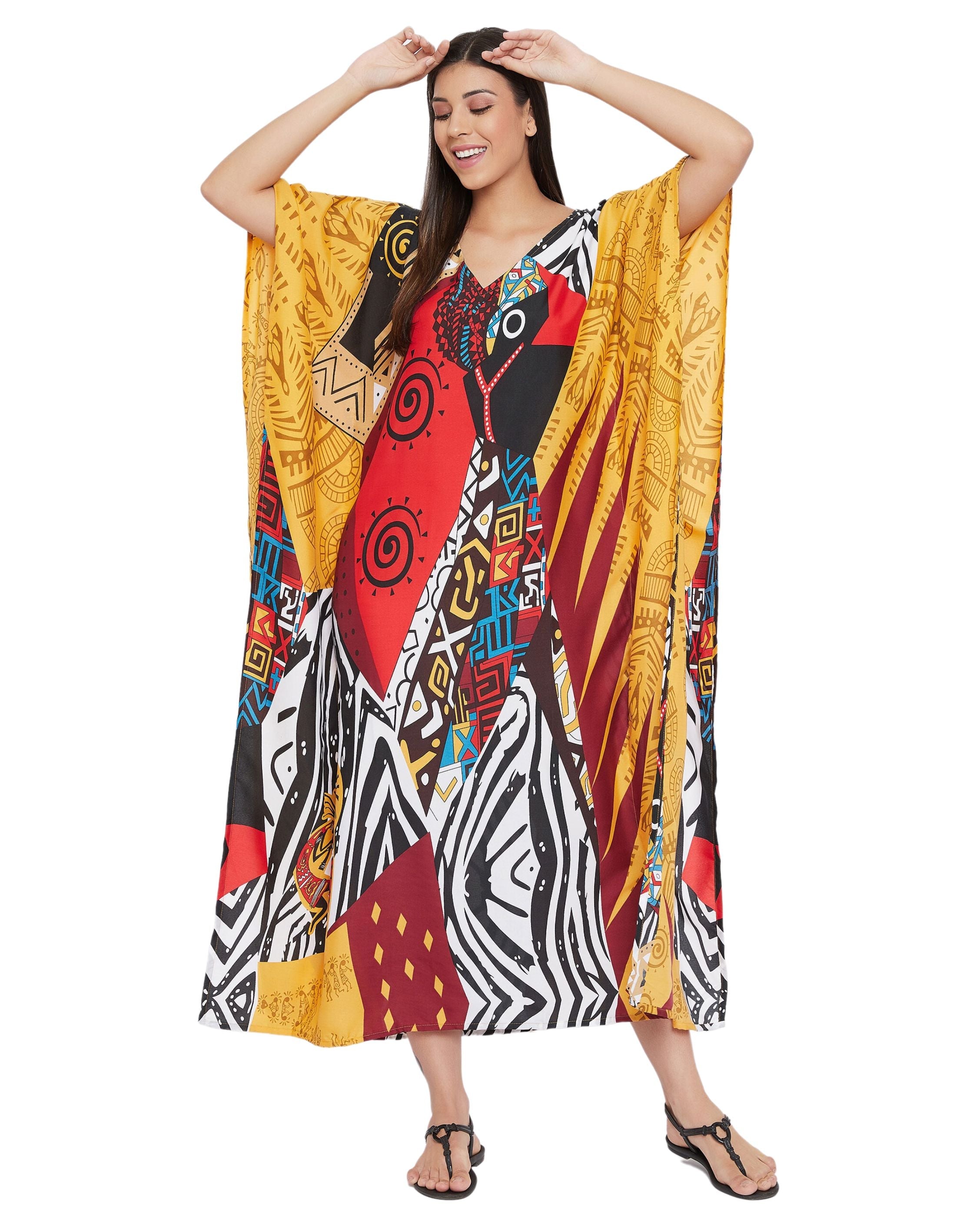 Tribal Printed Multicolor Polyester Kaftan For Plus Size Women