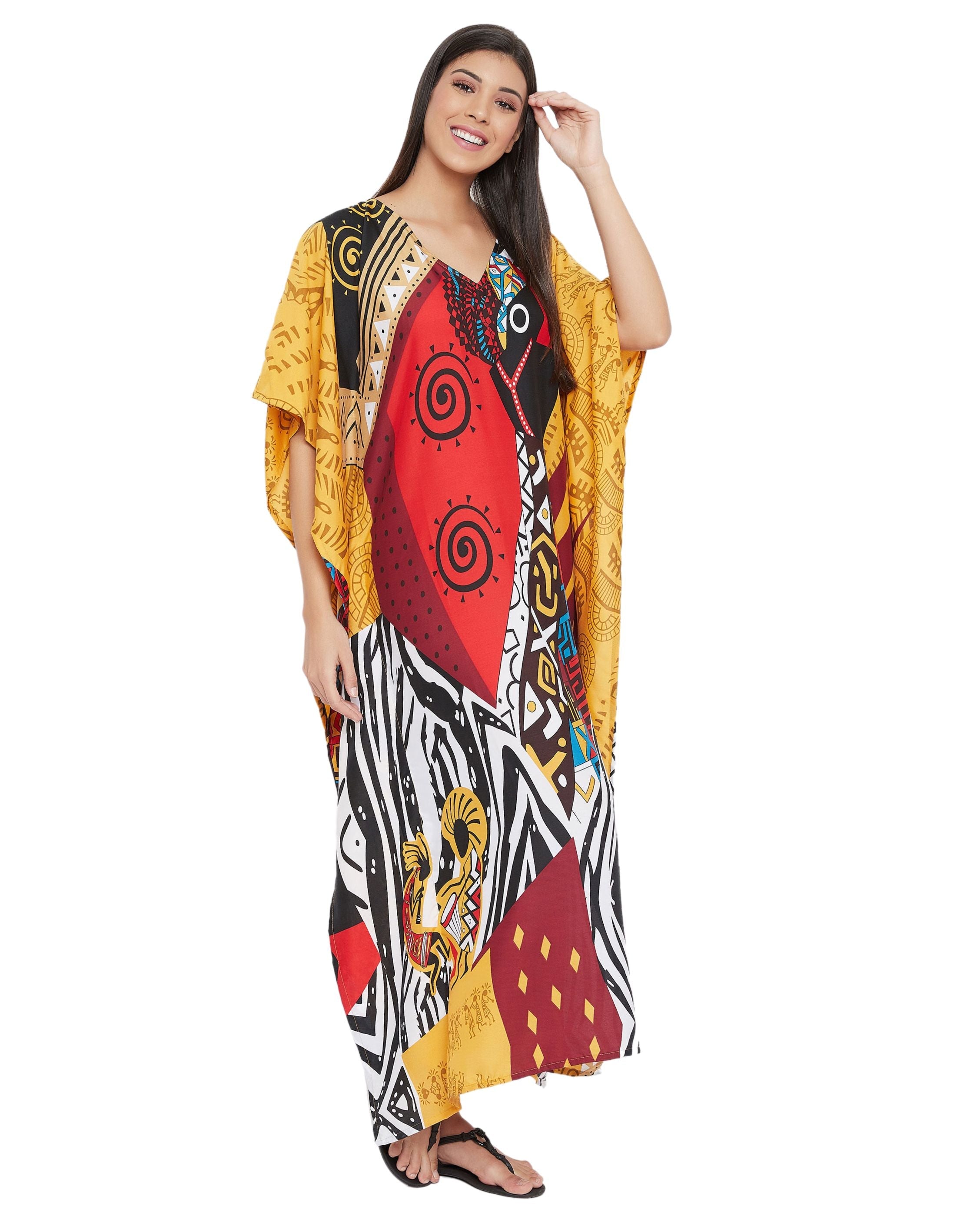 Tribal Printed Multicolor Polyester Kaftan For Plus Size Women