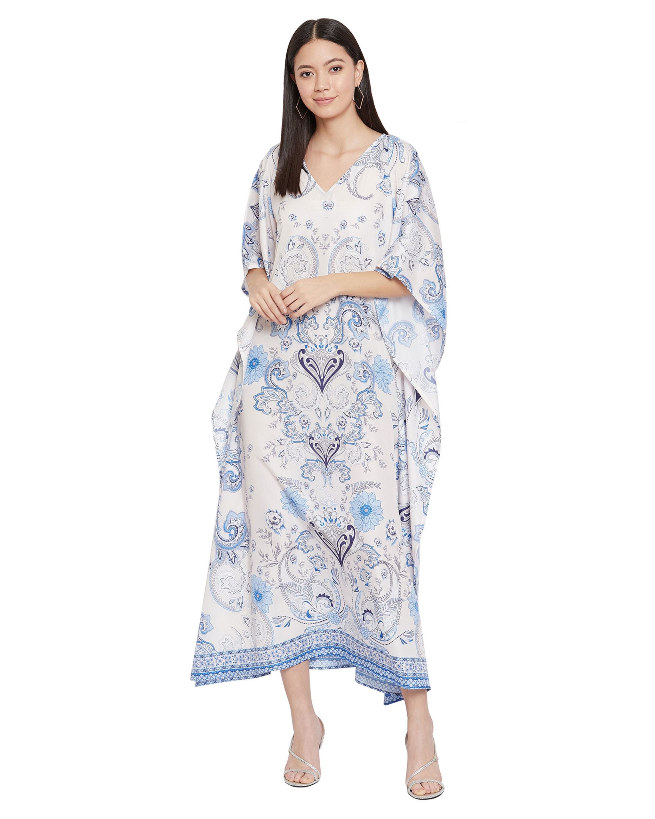 Floral Printed White Polyester Kaftan Plus Size Dress For Women