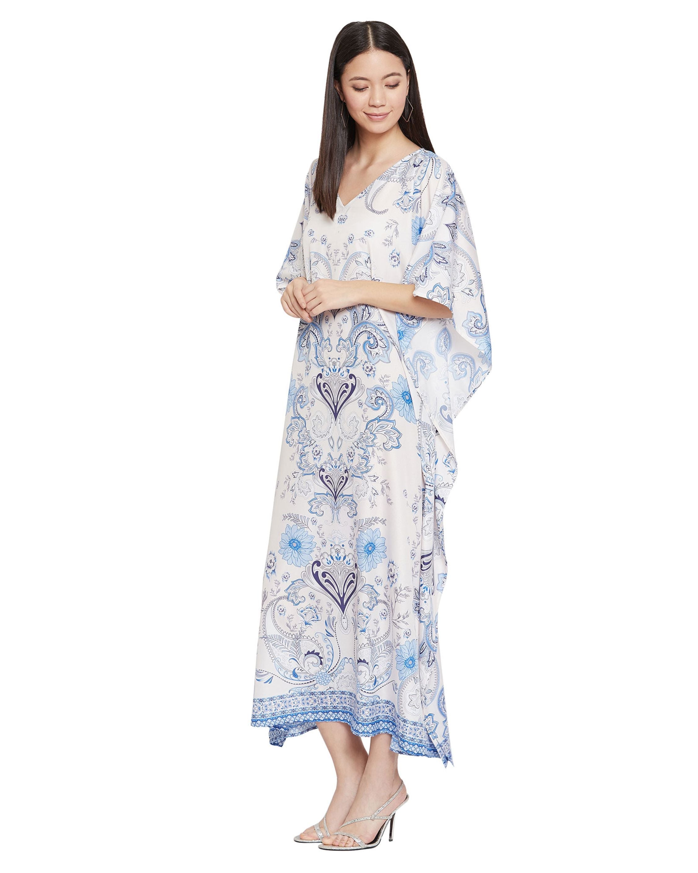 Floral Printed White Polyester Kaftan Plus Size Dress For Women
