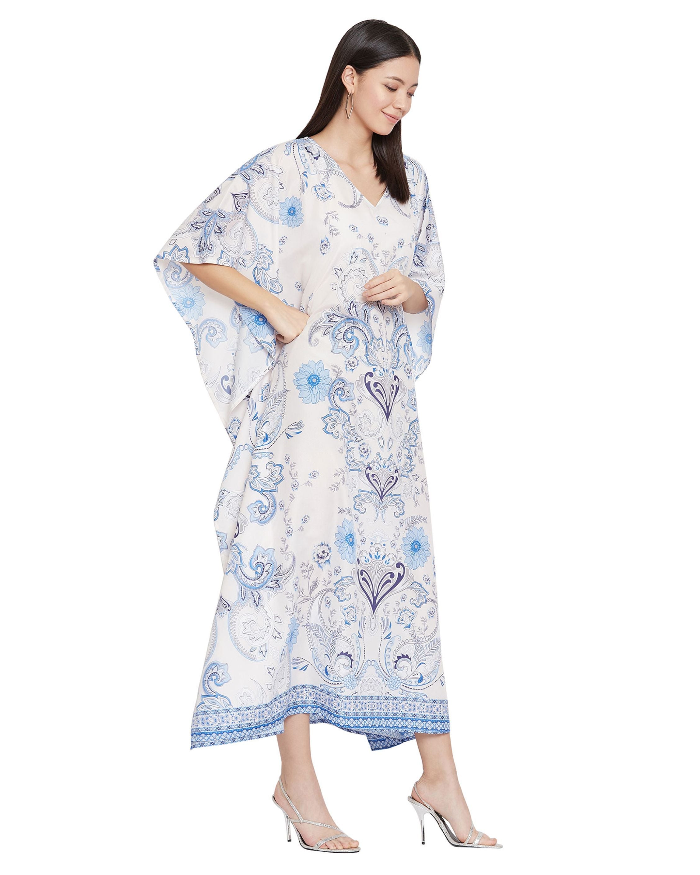 Floral Printed White Polyester Kaftan Plus Size Dress For Women