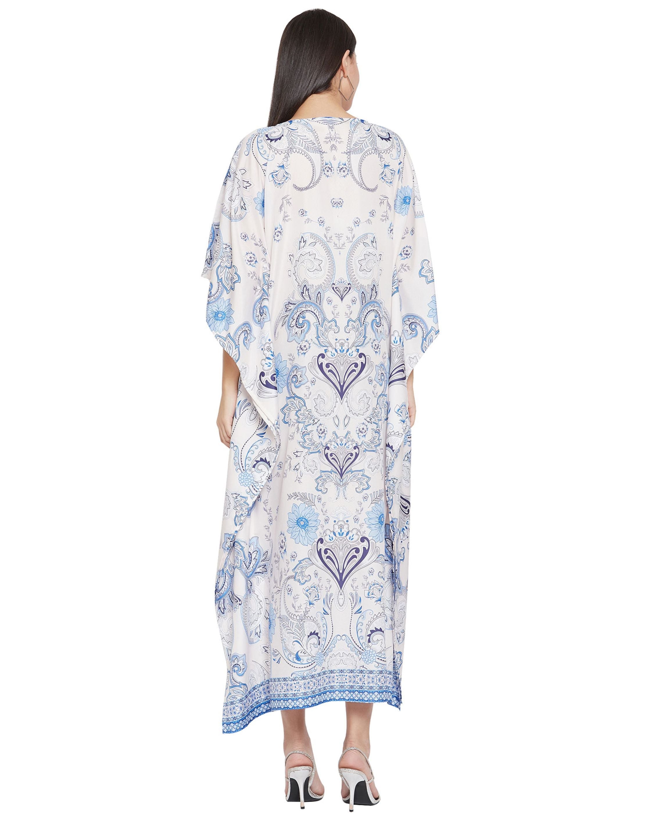 Floral Printed White Polyester Kaftan Plus Size Dress For Women