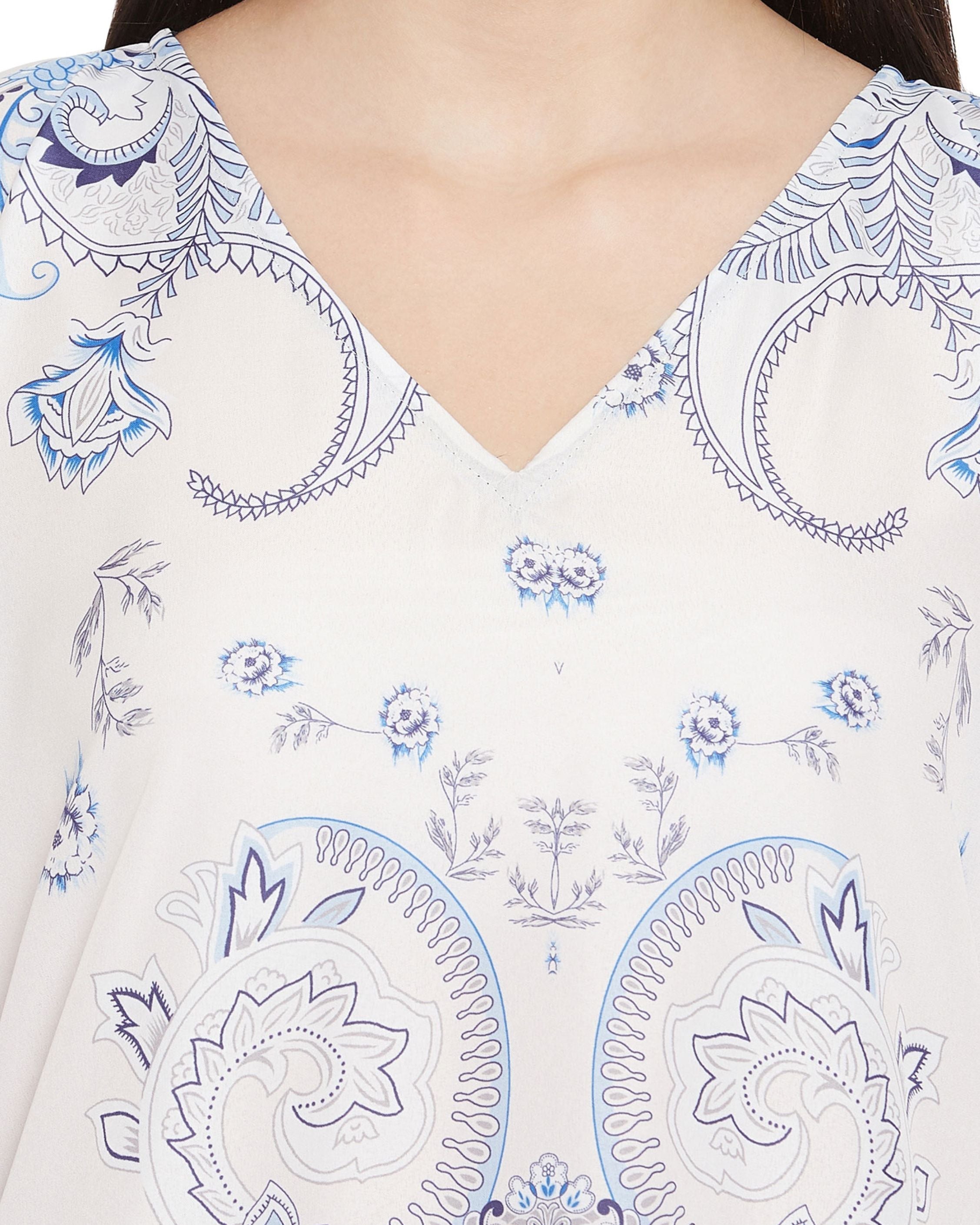 Floral Printed White Polyester Kaftan Plus Size Dress For Women