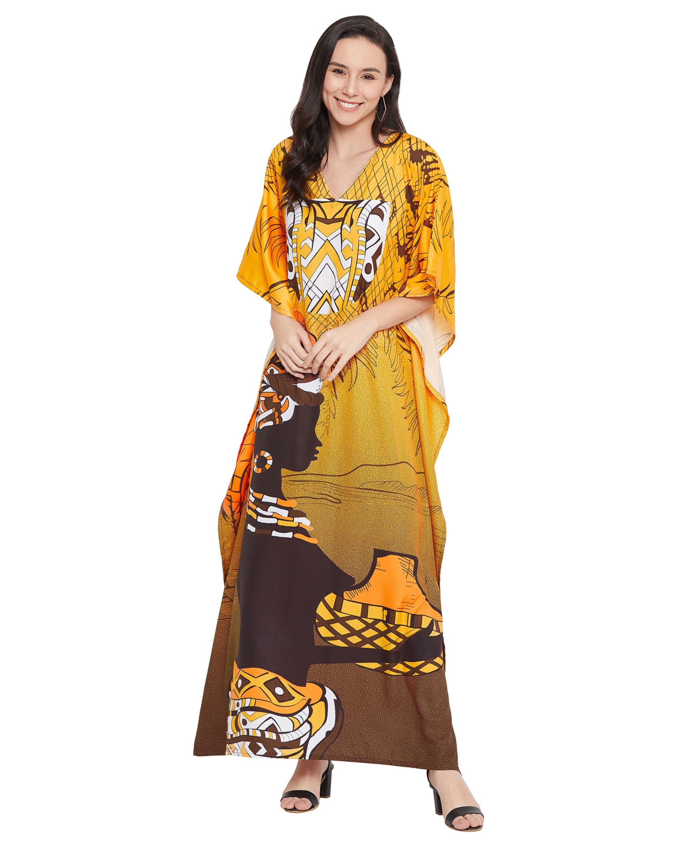 Yellow Polyester Tribal Printed Kaftan For Plus Size Women