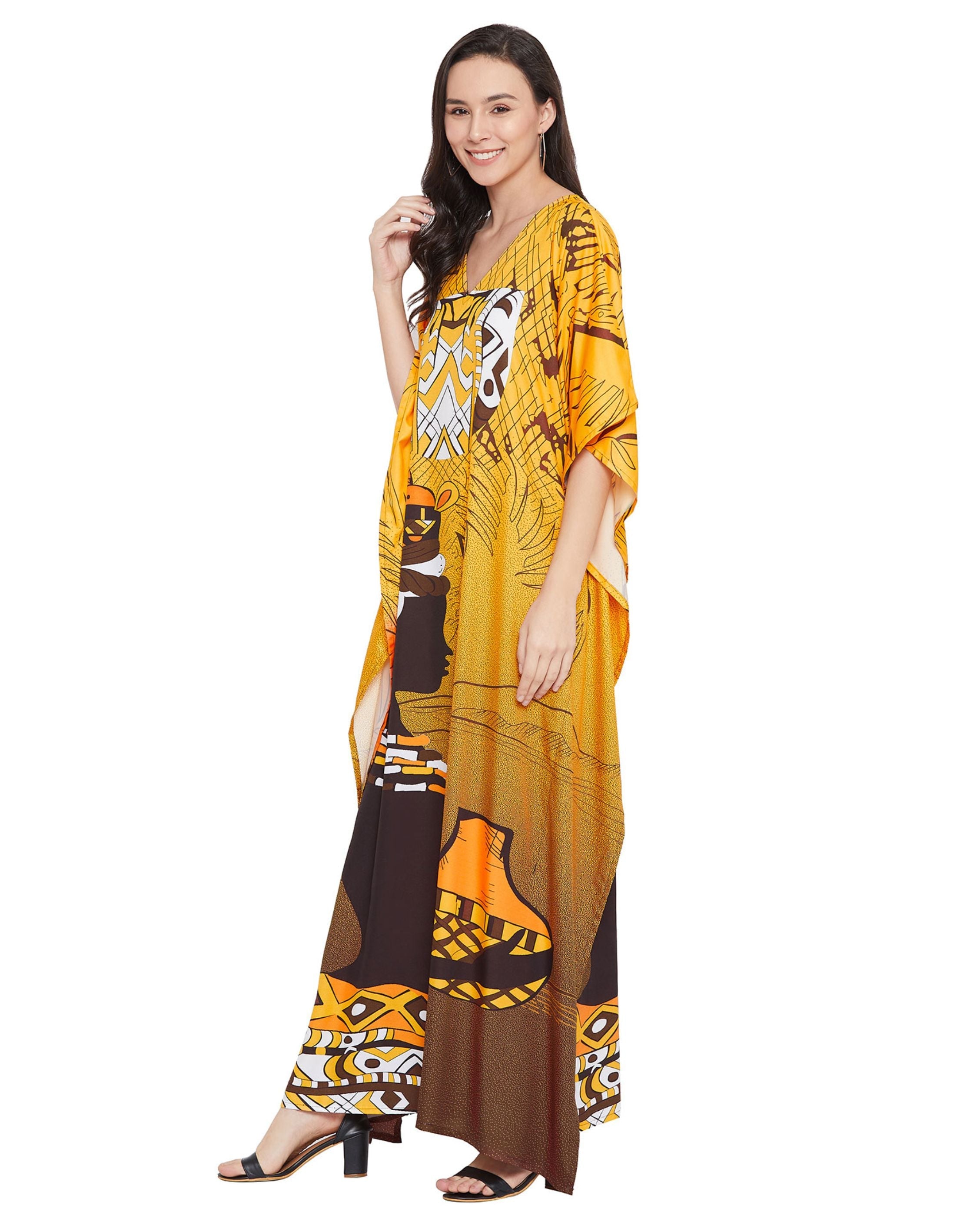 Yellow Polyester Tribal Printed Kaftan For Plus Size Women