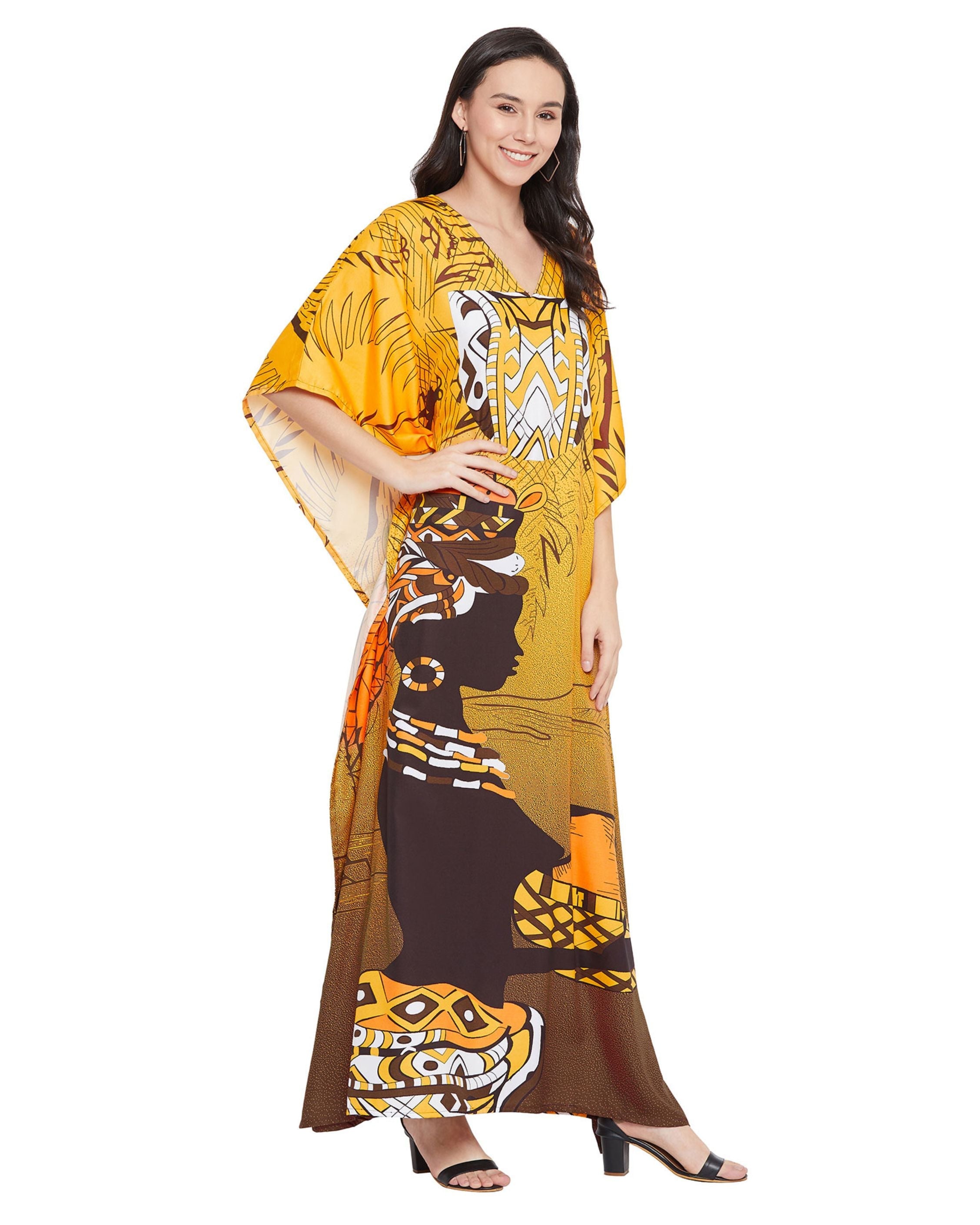 Yellow Polyester Tribal Printed Kaftan For Plus Size Women