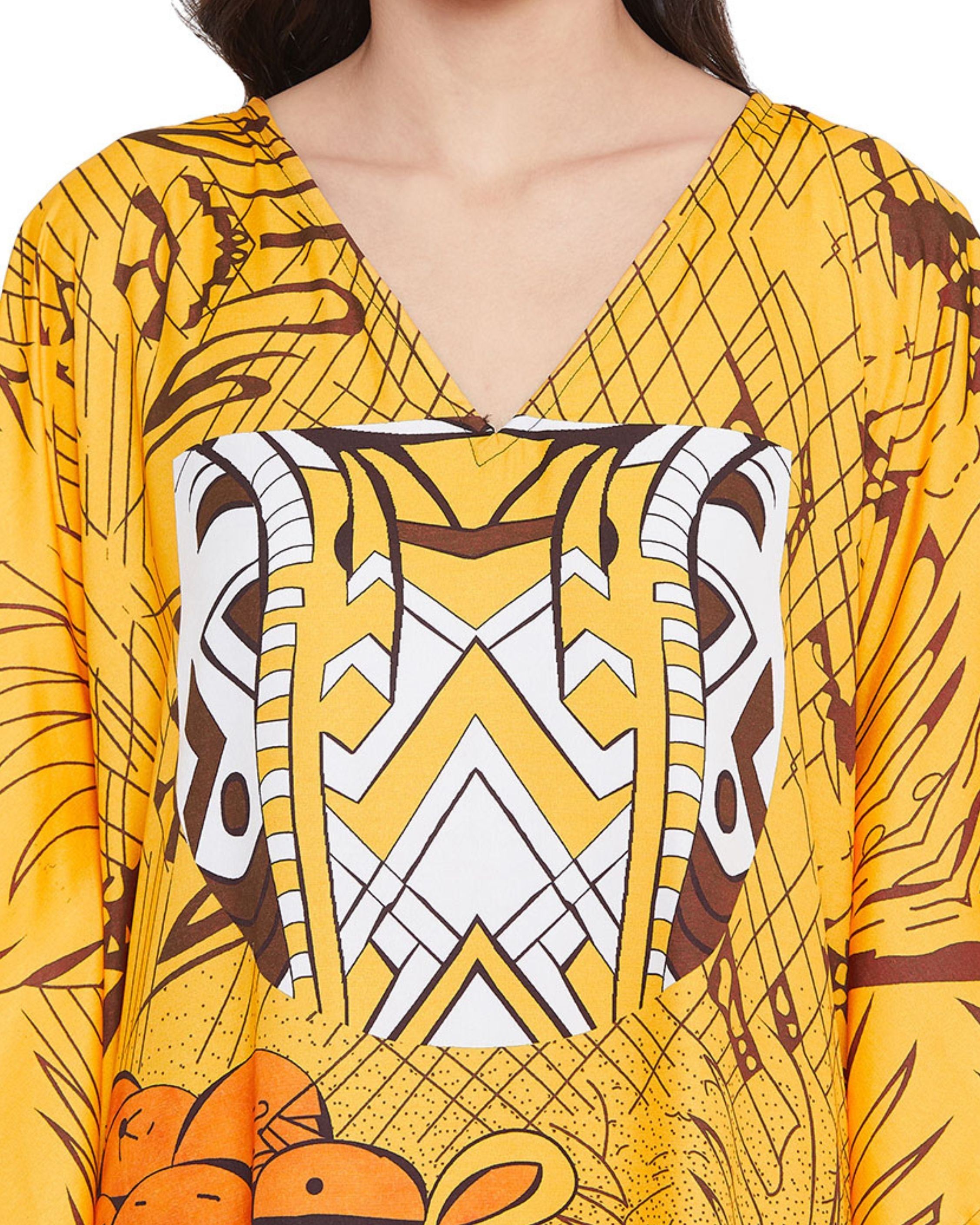Yellow Polyester Tribal Printed Kaftan For Plus Size Women