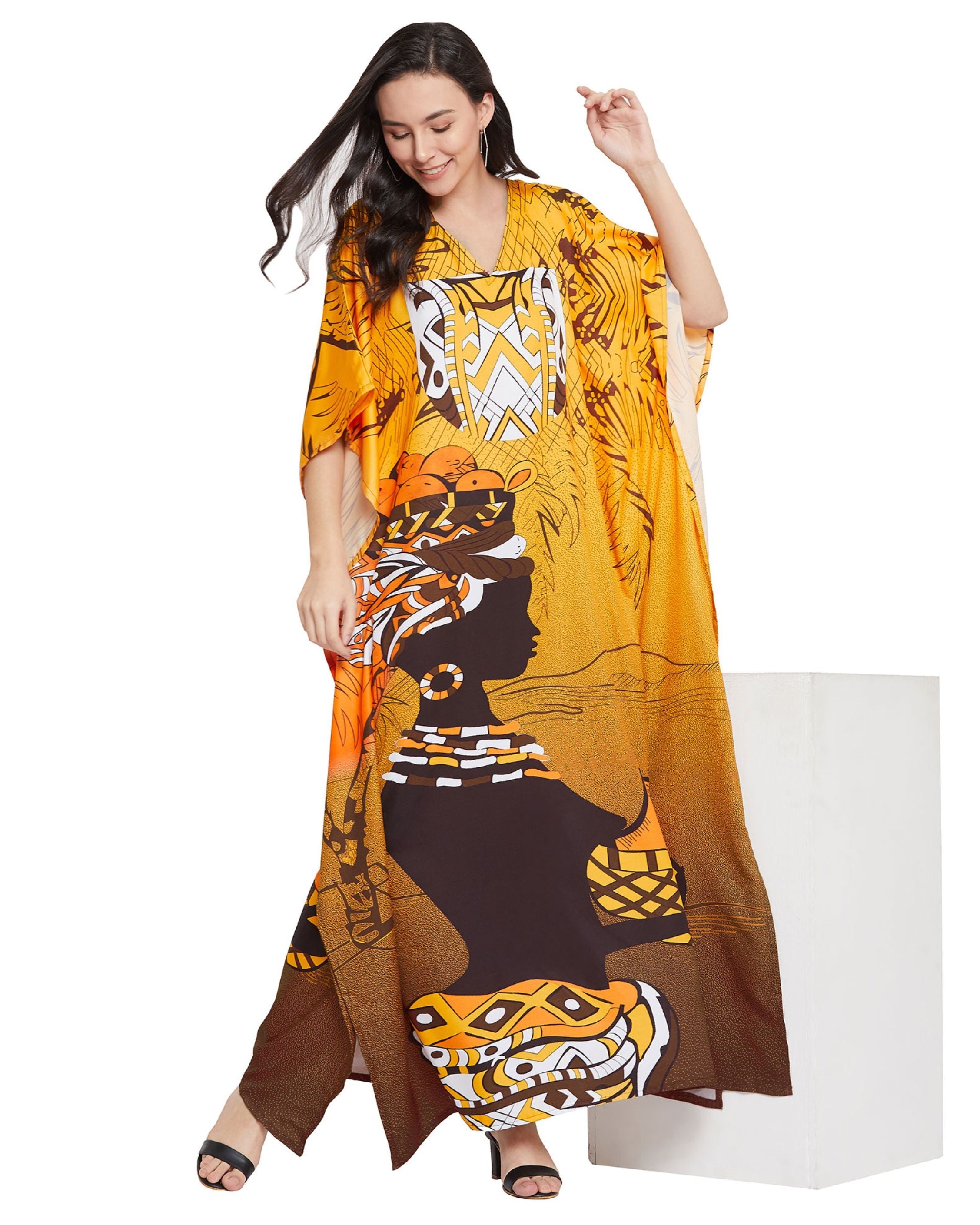 Yellow Polyester Tribal Printed Kaftan For Plus Size Women
