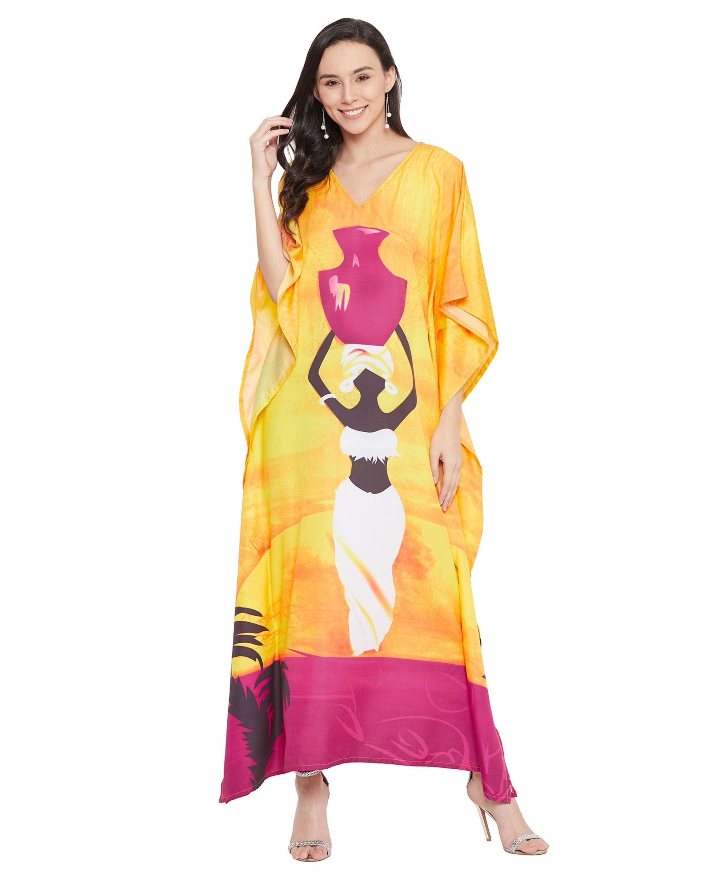 Plus Size Women Tribal Print Yellow Polyester Kaftan