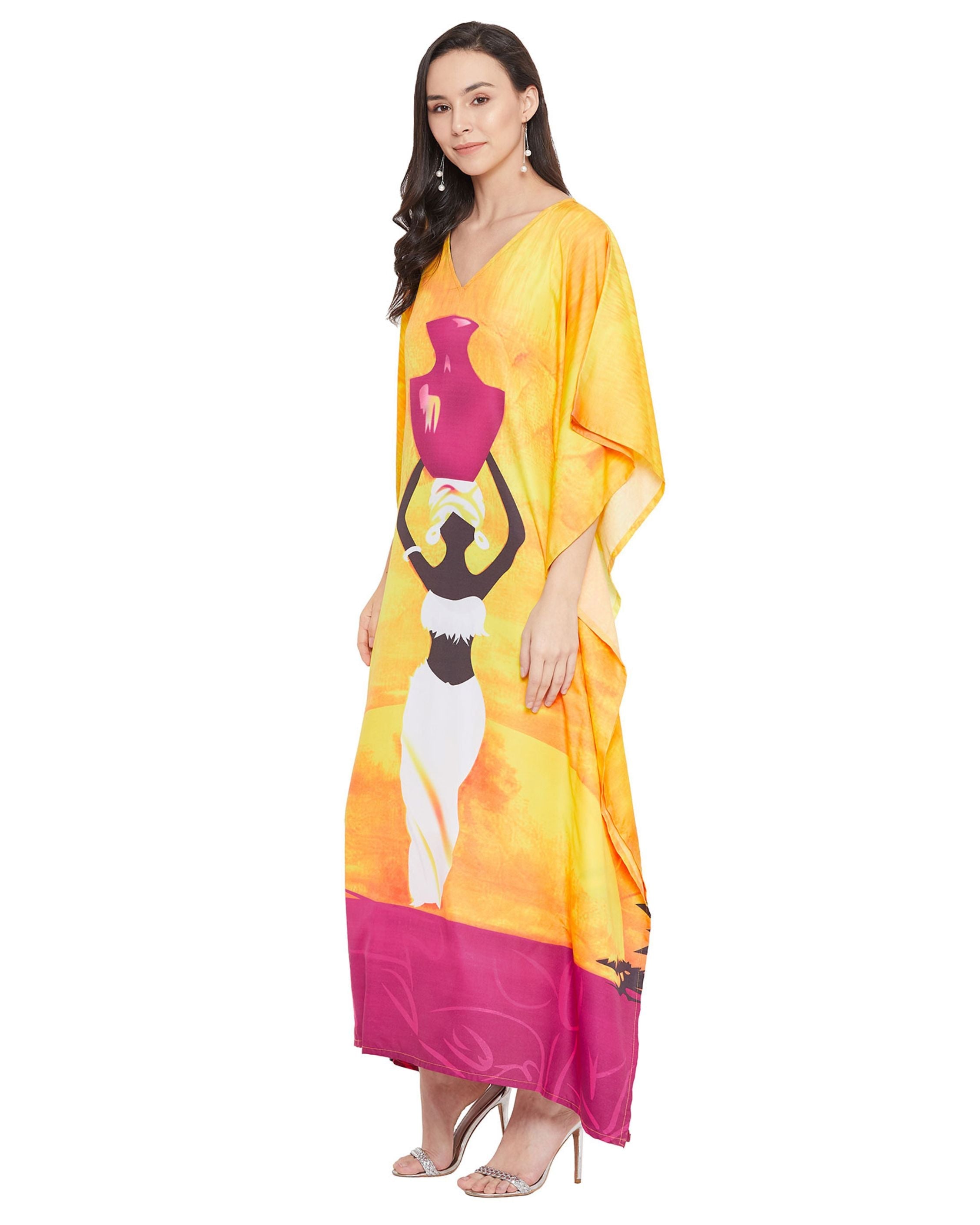 Plus Size Women Tribal Print Yellow Polyester Kaftan