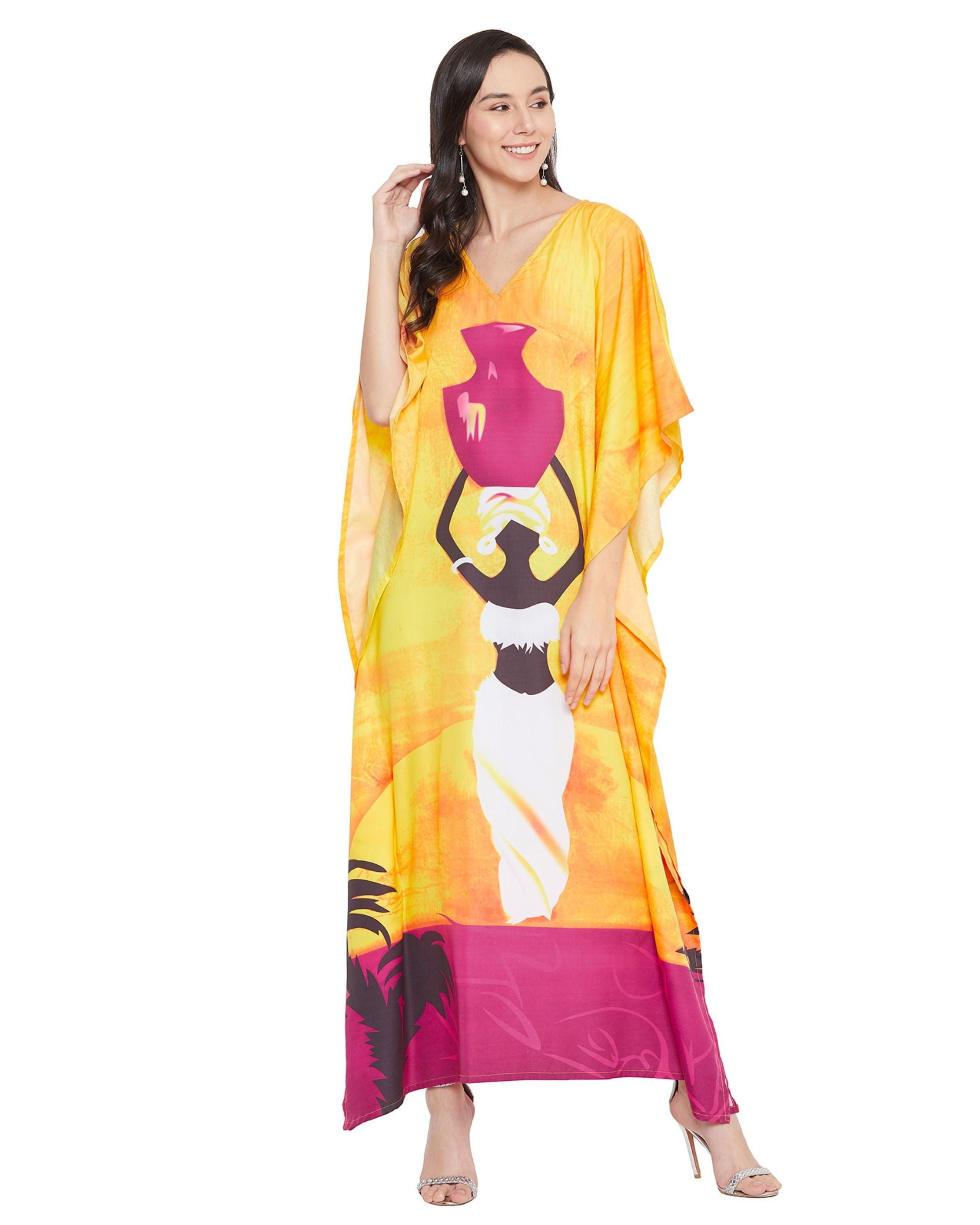 Plus Size Women Tribal Print Yellow Polyester Kaftan
