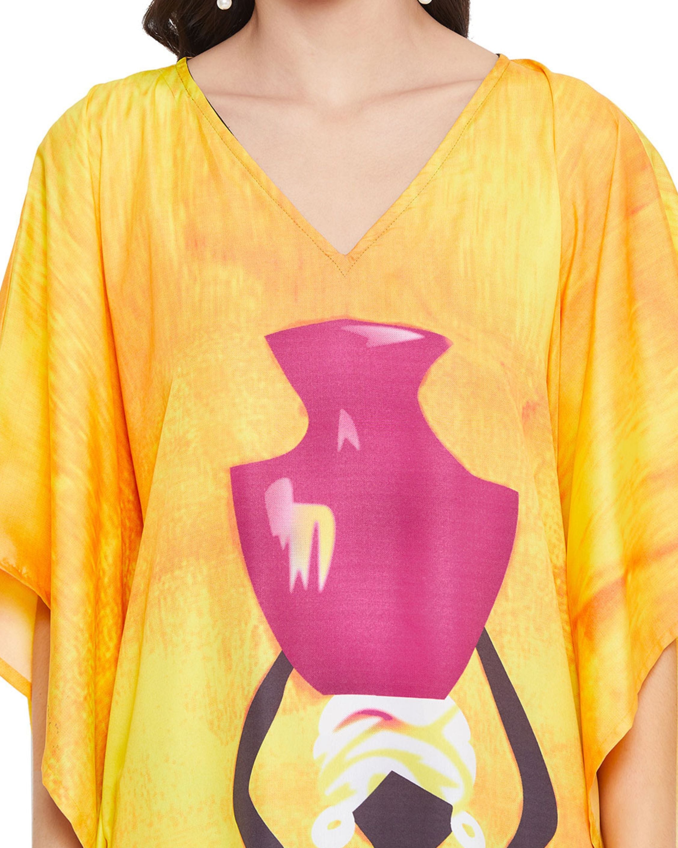 Plus Size Women Tribal Print Yellow Polyester Kaftan