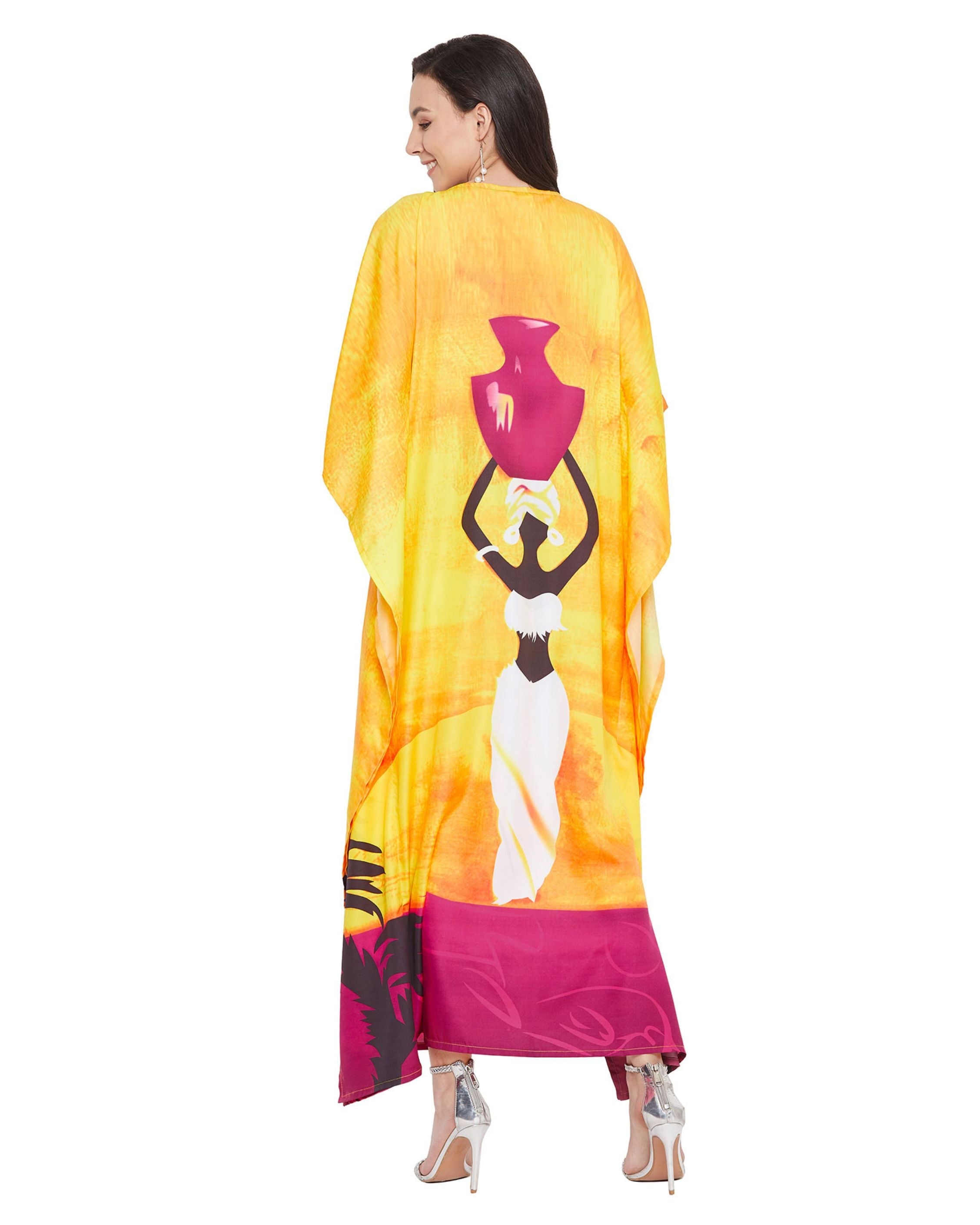 Plus Size Women Tribal Print Yellow Polyester Kaftan