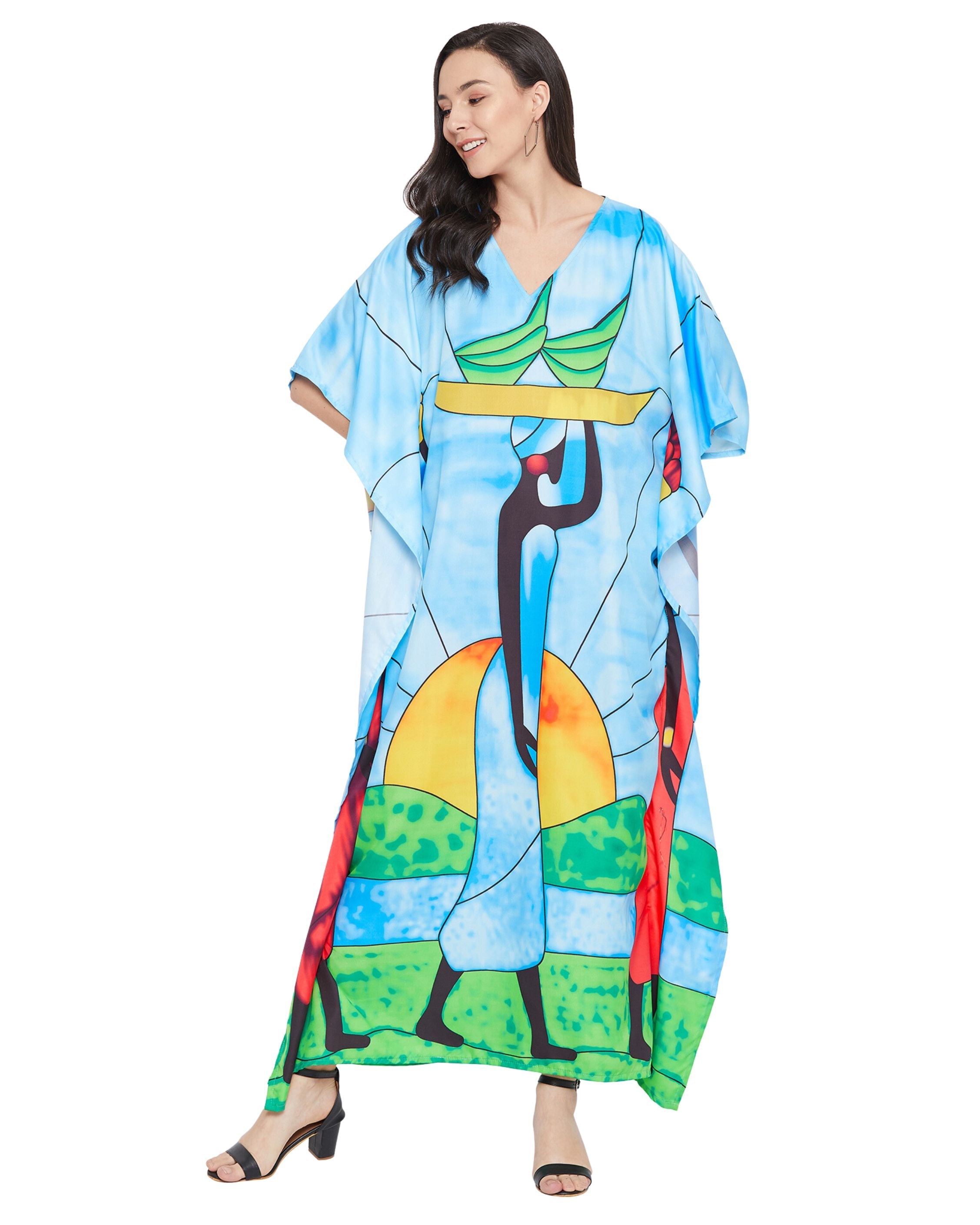 Kaftan Dress For Plus Size Women Tribal Printed Green Polyester