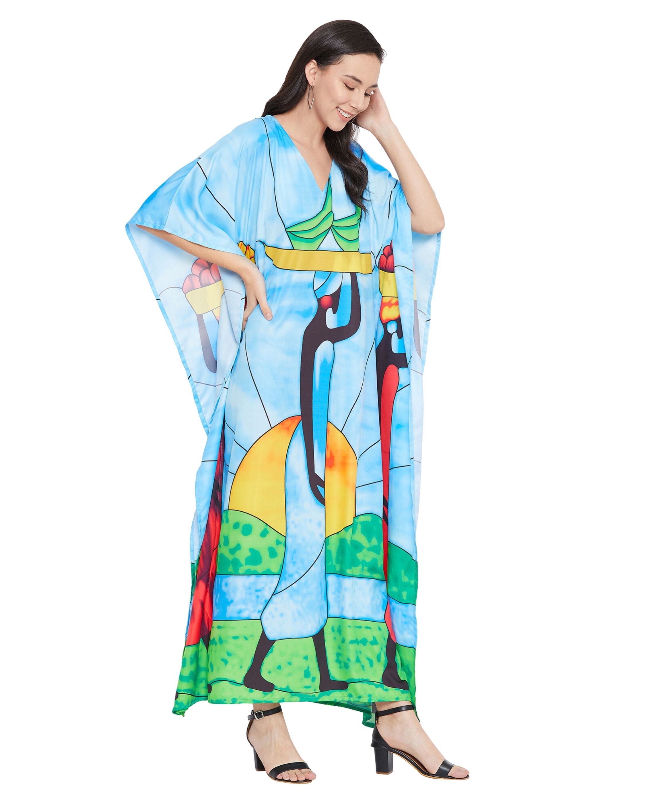 Kaftan Dress For Plus Size Women Tribal Printed Green Polyester