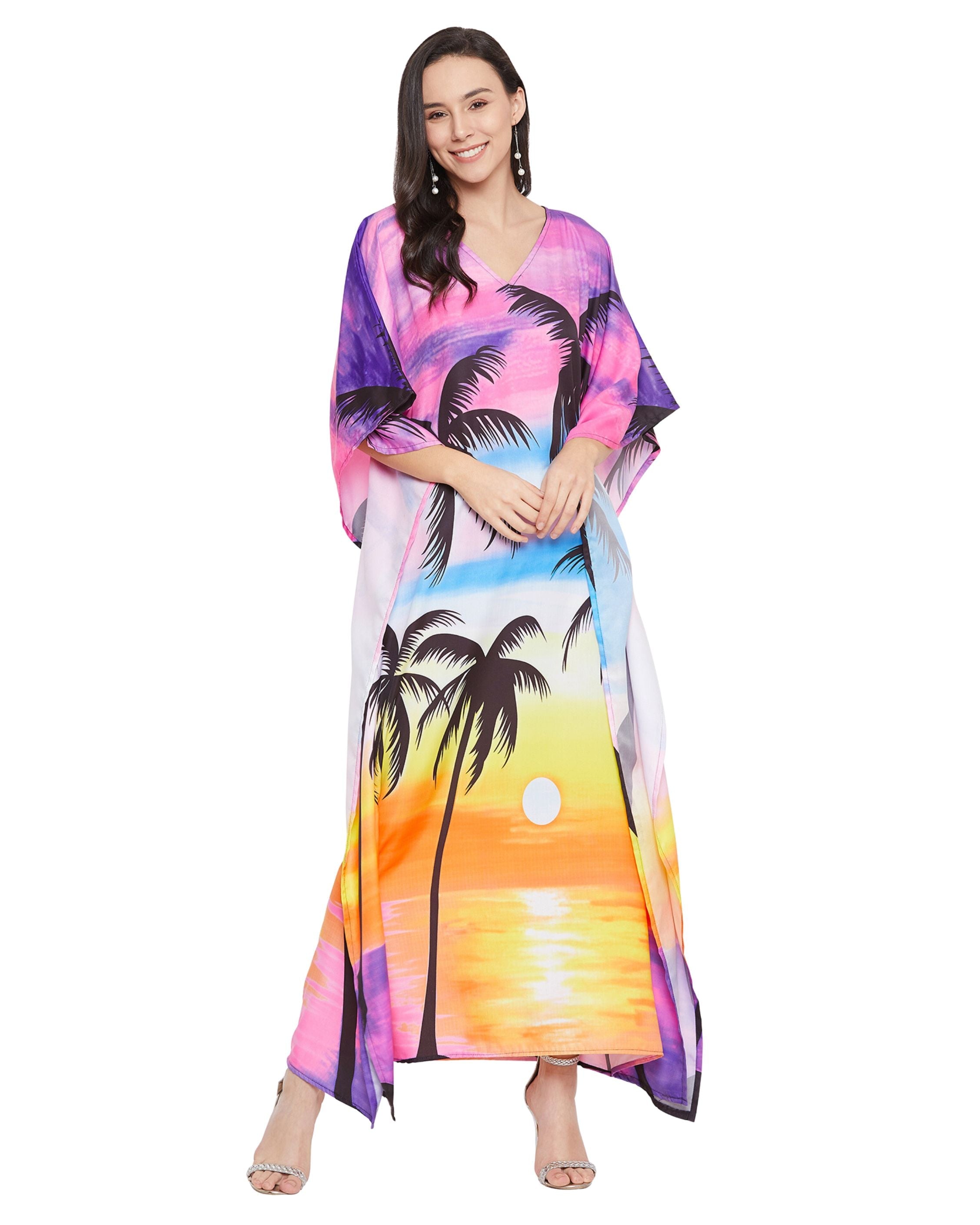 Floral Printed Multicolor Plus Size Polyester Kaftan Dress For Women