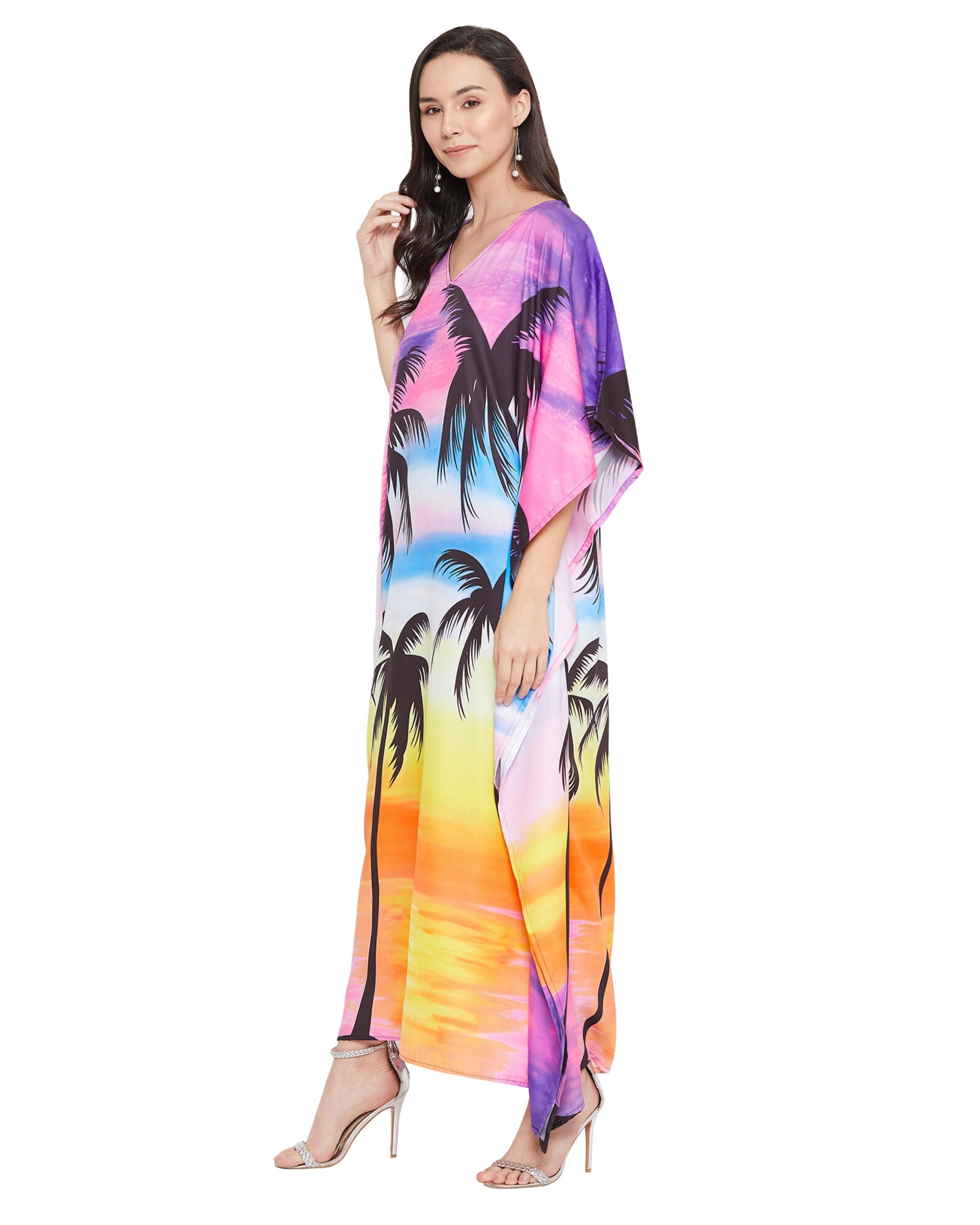 Floral Printed Multicolor Plus Size Polyester Kaftan Dress For Women