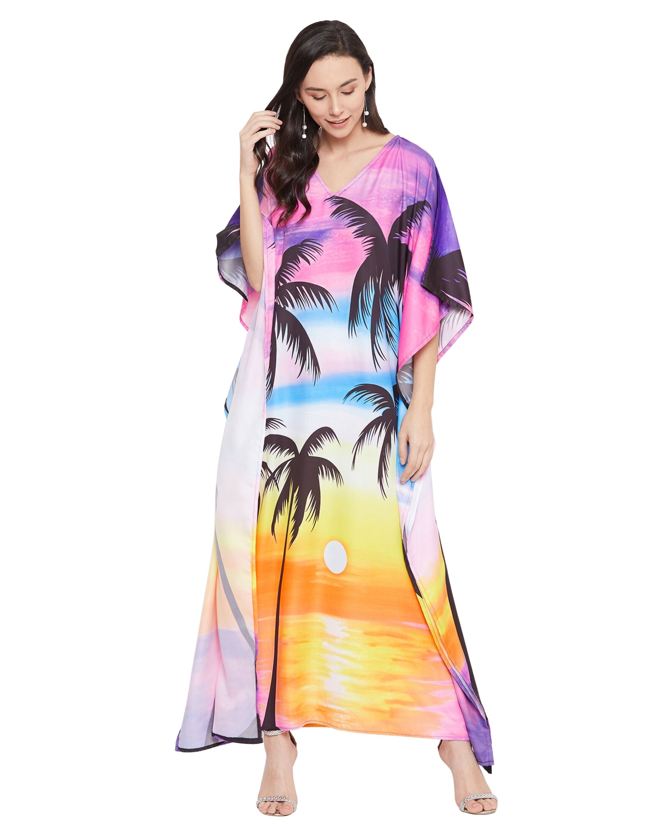 Floral Printed Multicolor Plus Size Polyester Kaftan Dress For Women