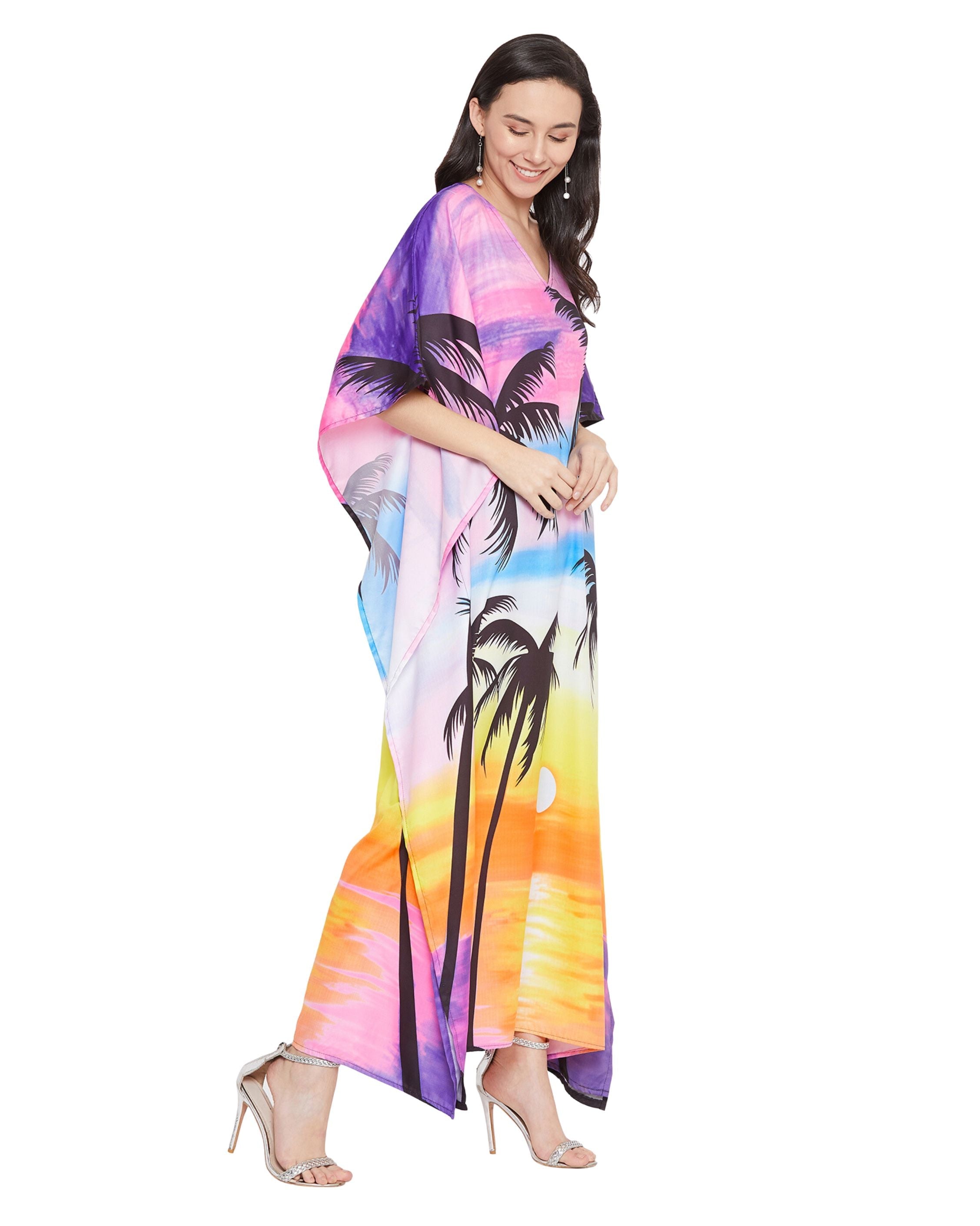 Floral Printed Multicolor Plus Size Polyester Kaftan Dress For Women