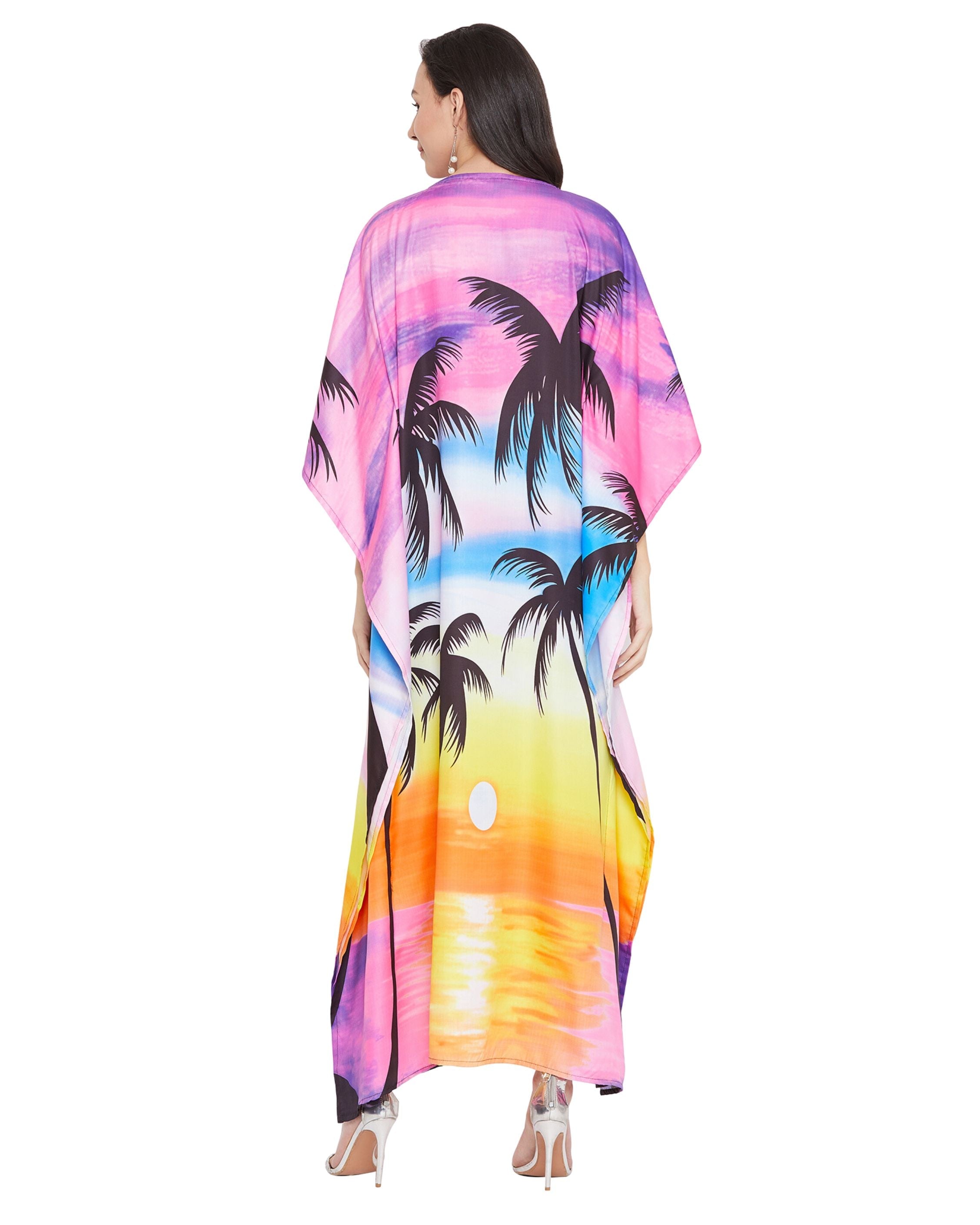 Floral Printed Multicolor Plus Size Polyester Kaftan Dress For Women