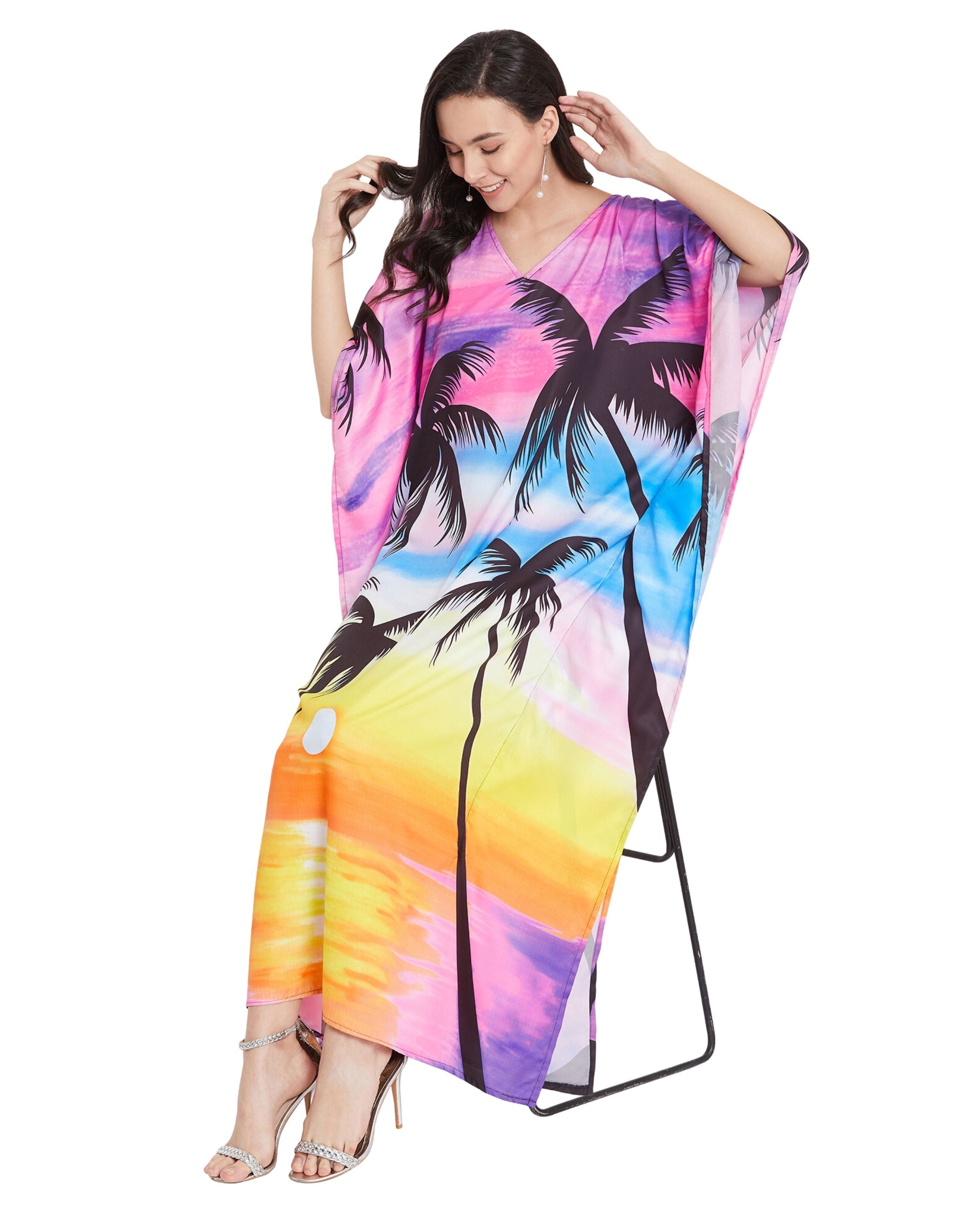 Floral Printed Multicolor Plus Size Polyester Kaftan Dress For Women