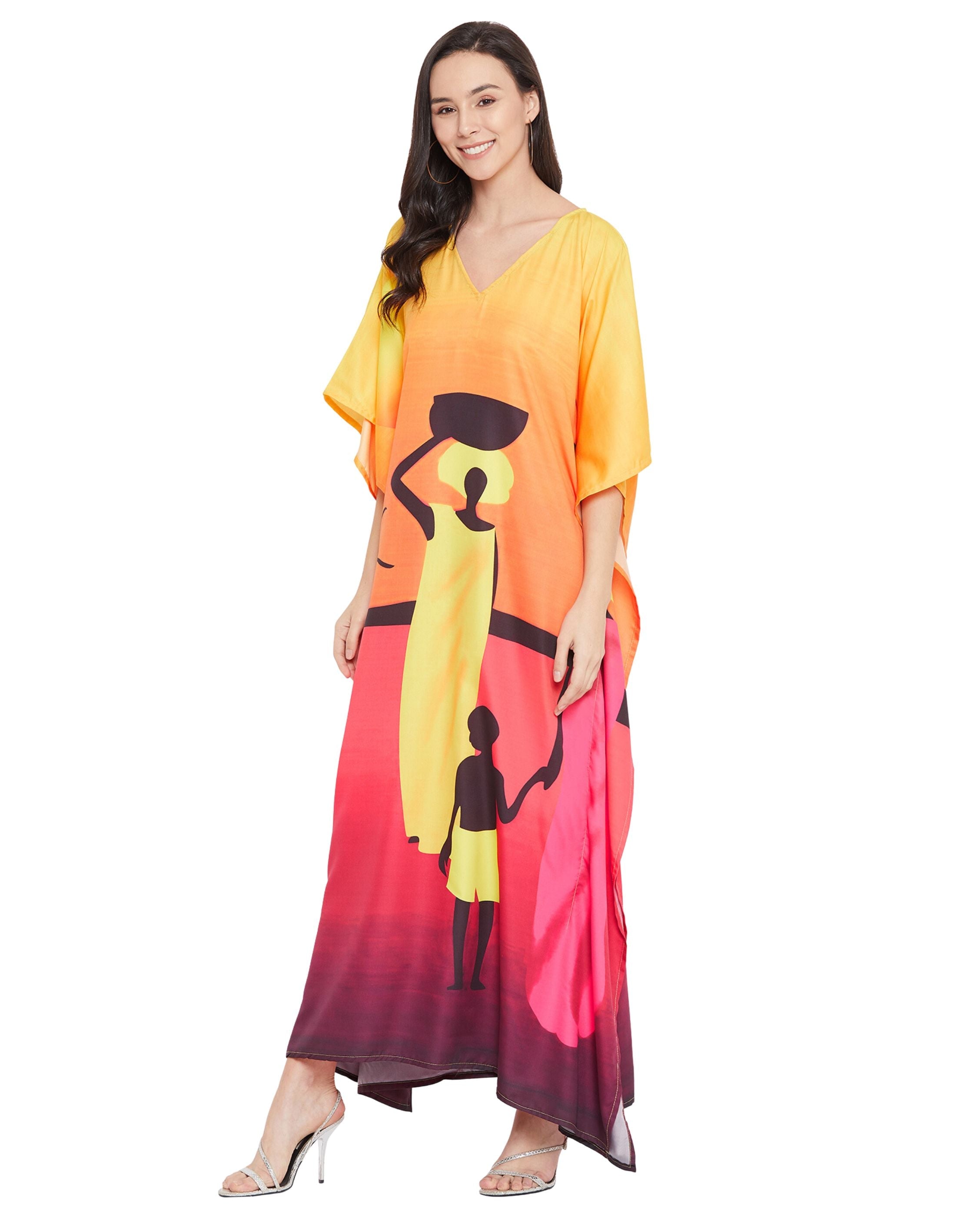 Dress Plus Size Women Tribal Printed Yellow Polyester Kaftan