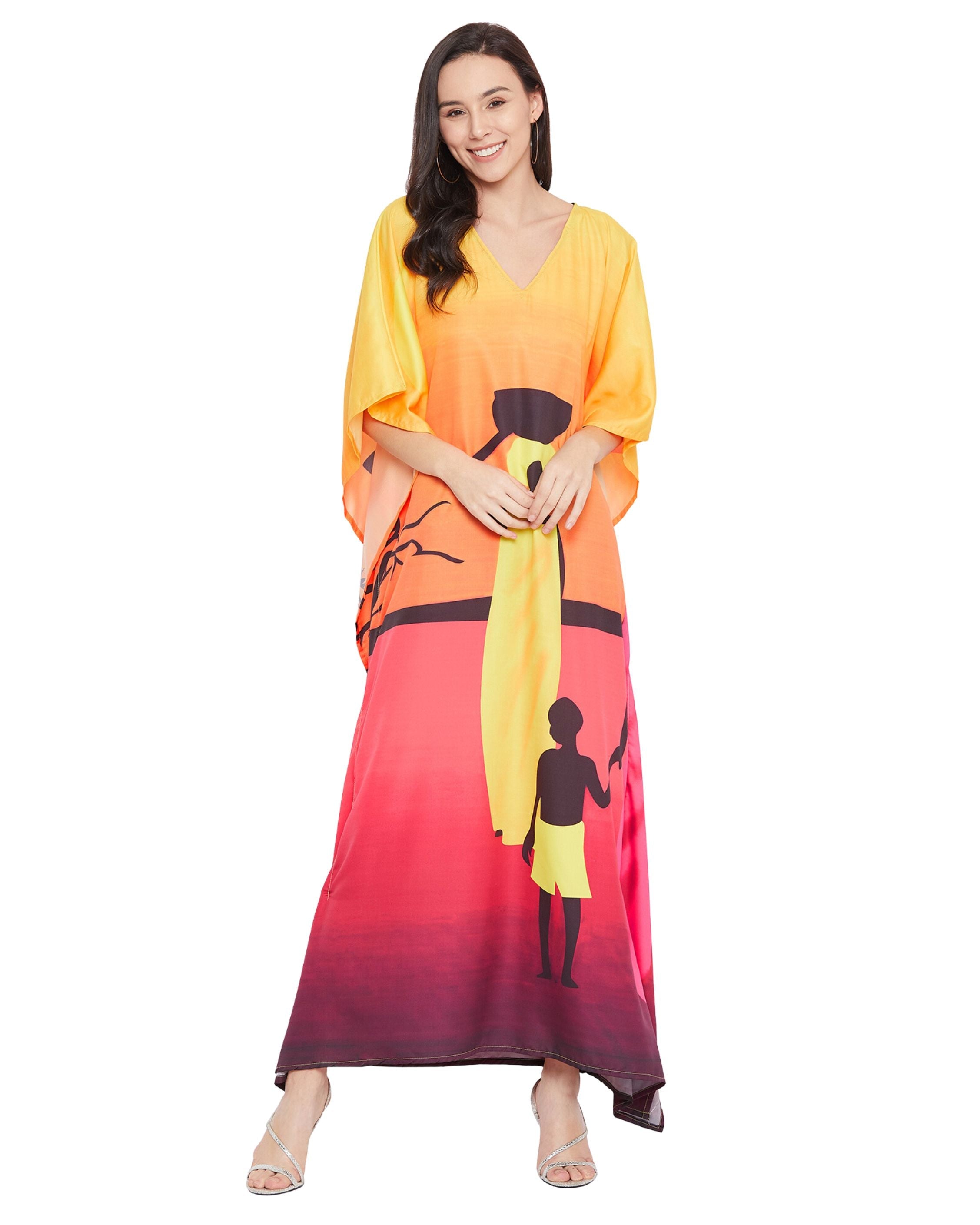 Dress Plus Size Women Tribal Printed Yellow Polyester Kaftan