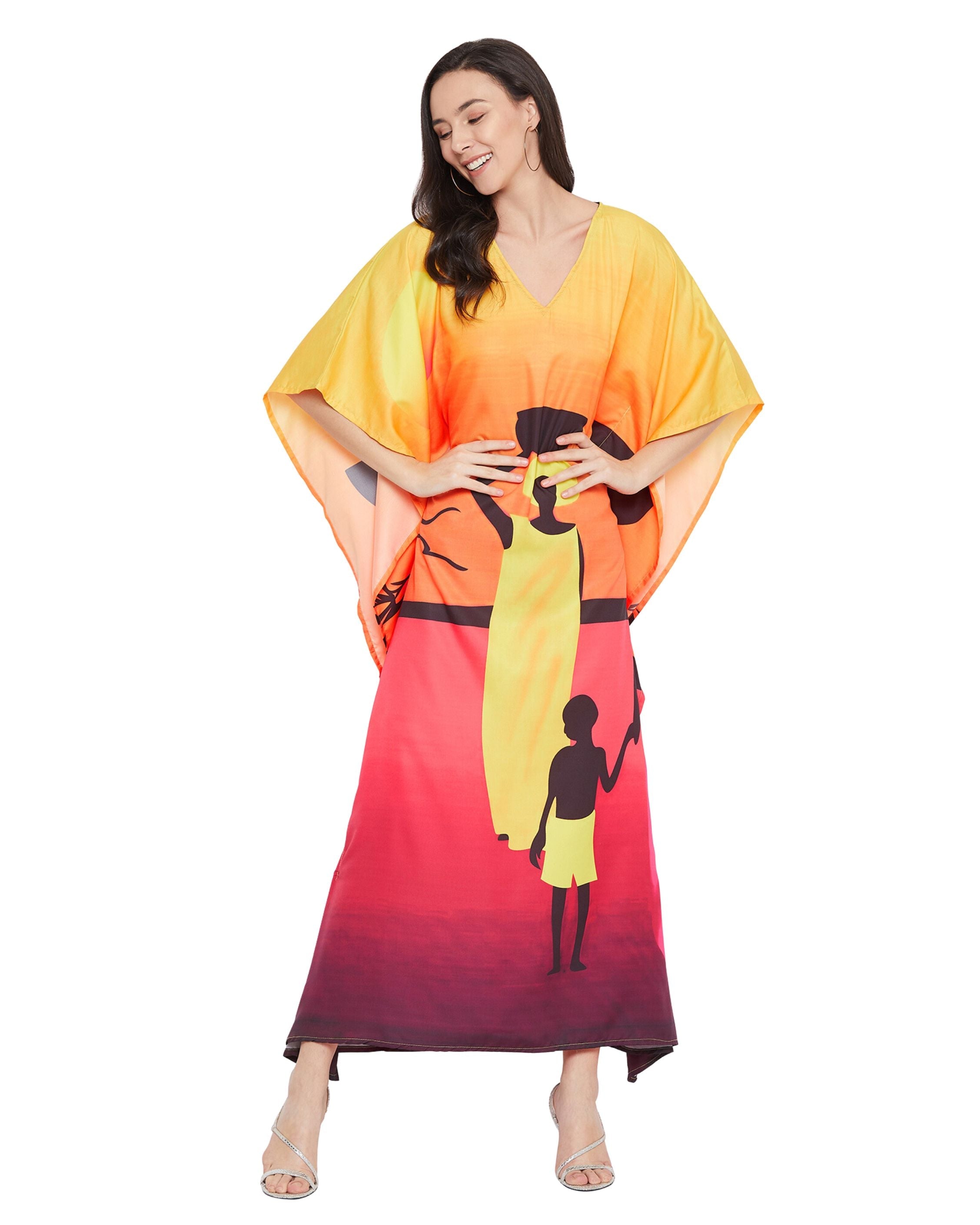 Dress Plus Size Women Tribal Printed Yellow Polyester Kaftan