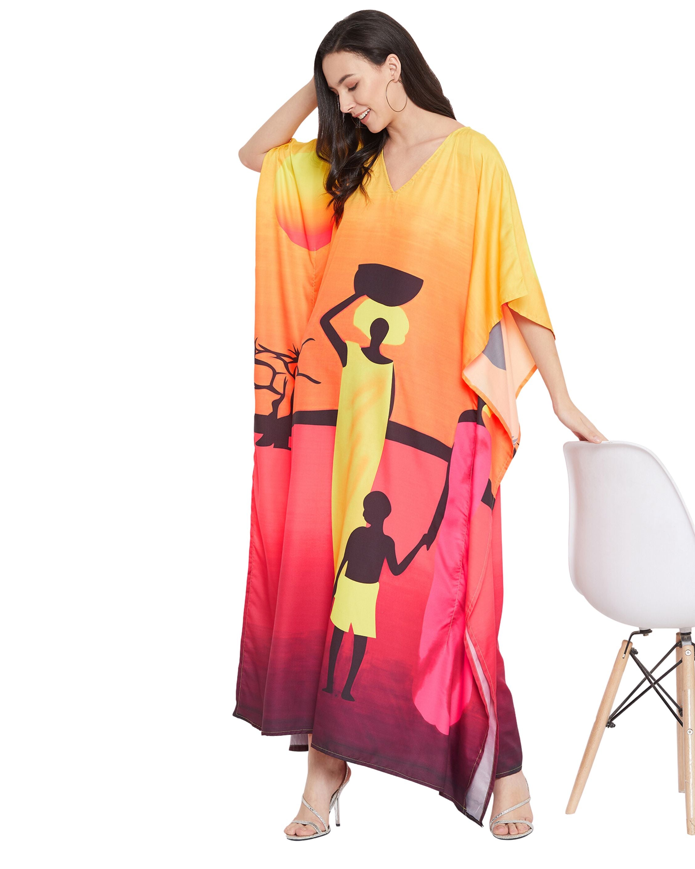 Dress Plus Size Women Tribal Printed Yellow Polyester Kaftan