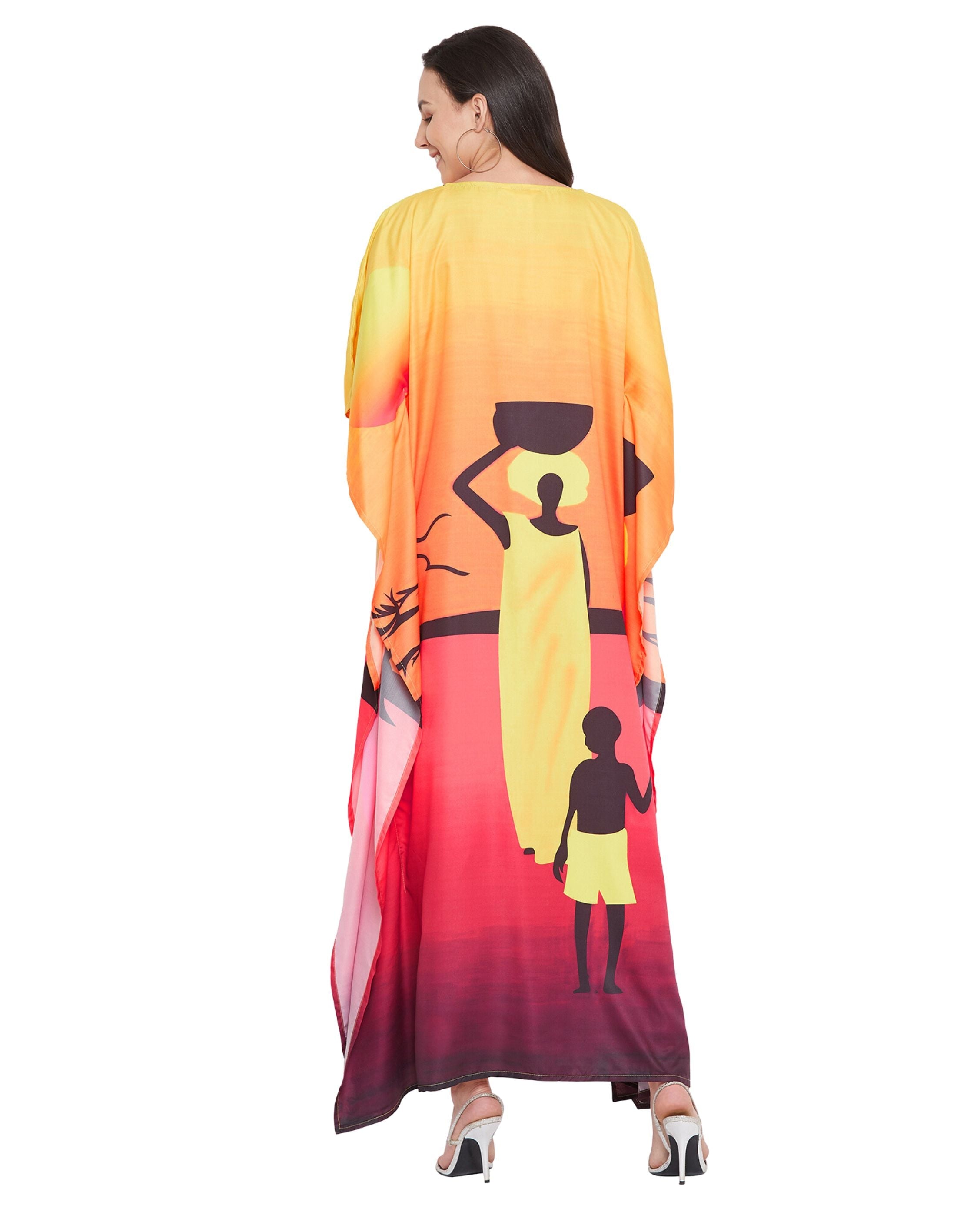 Dress Plus Size Women Tribal Printed Yellow Polyester Kaftan