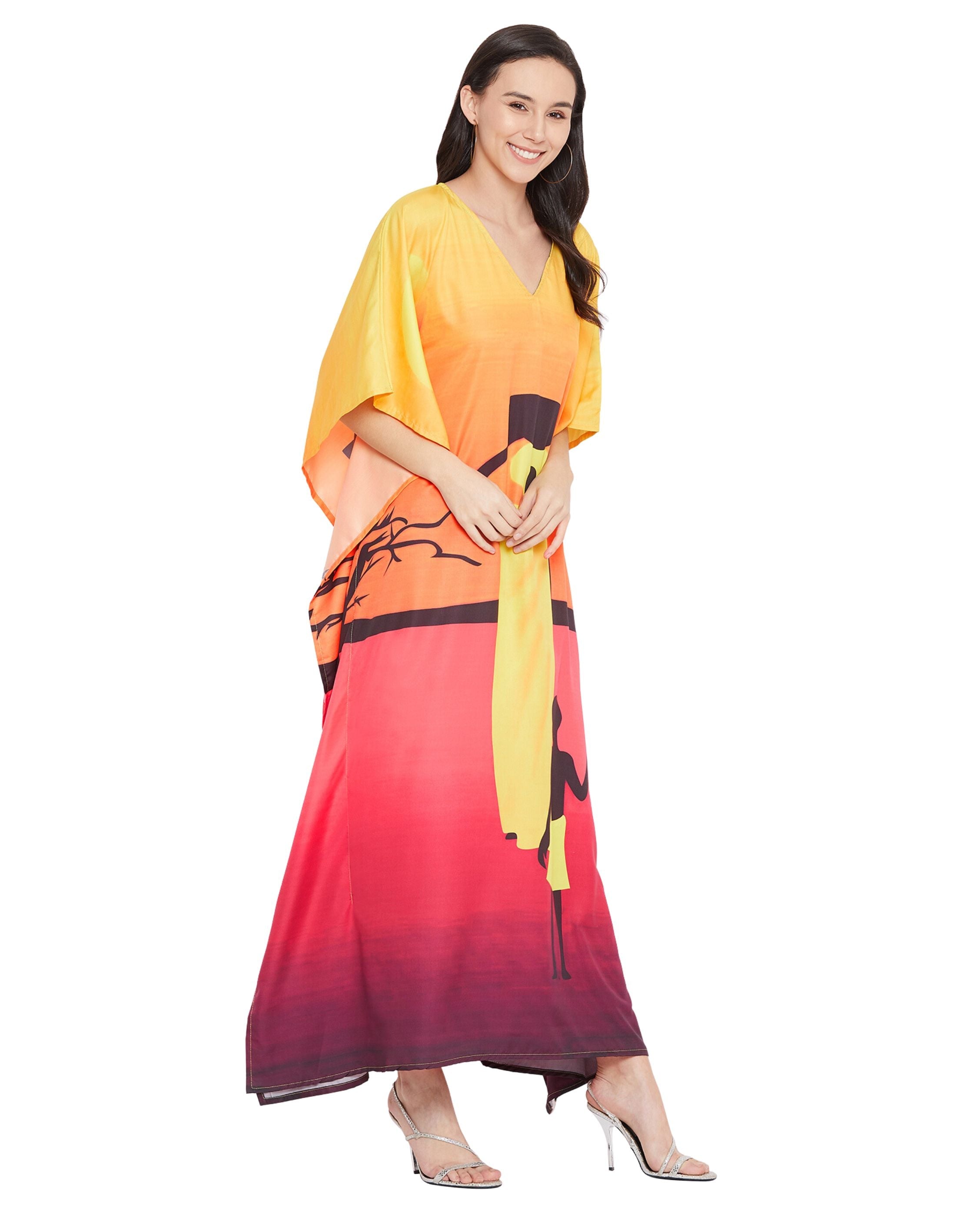 Dress Plus Size Women Tribal Printed Yellow Polyester Kaftan