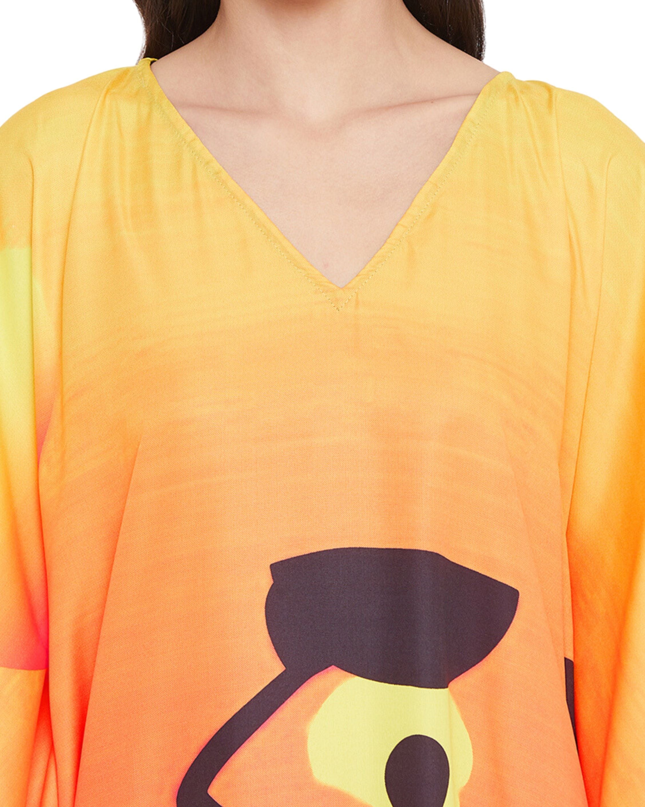 Dress Plus Size Women Tribal Printed Yellow Polyester Kaftan