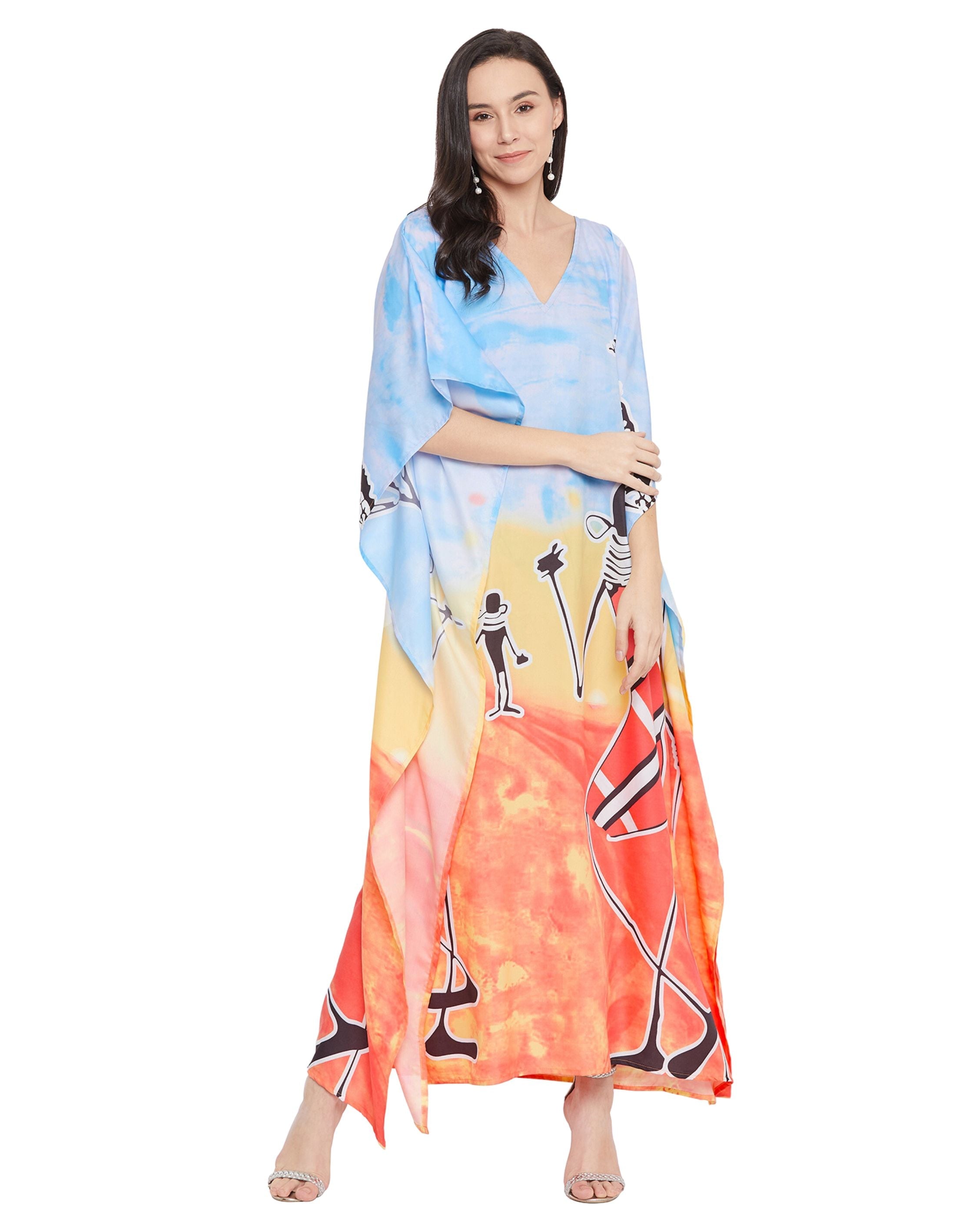 Tribal Printed Multicolor Polyester Kaftan For Plus Size Women