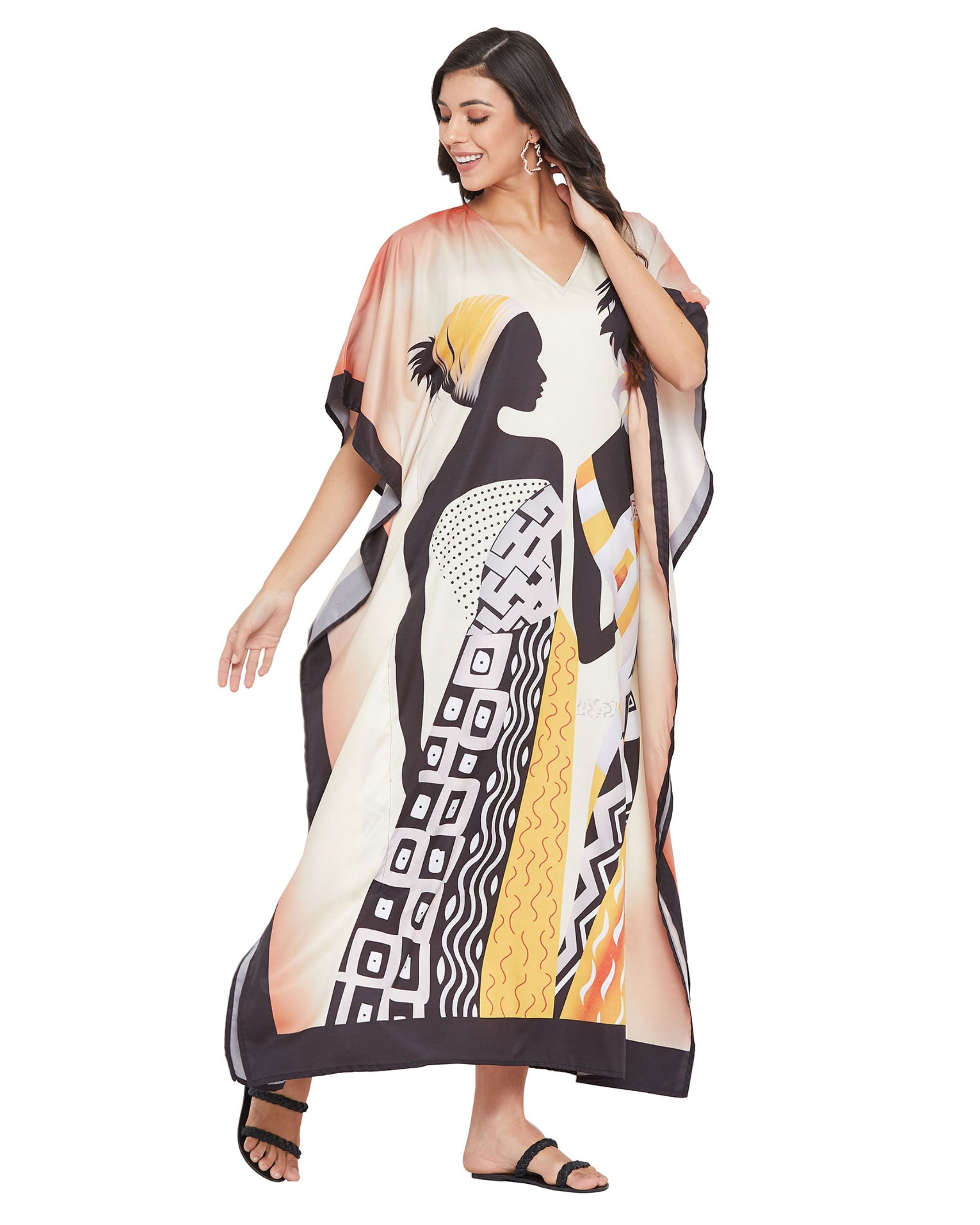 Polyester Plus Size Kaftan Tribal Printed Beige Dress For Women