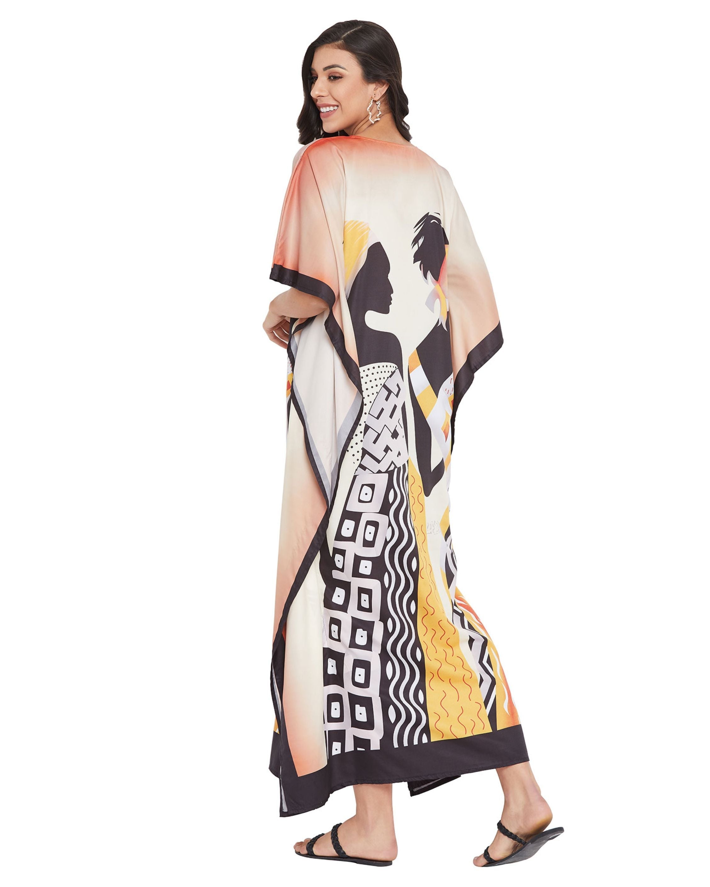 Polyester Plus Size Kaftan Tribal Printed Beige Dress For Women